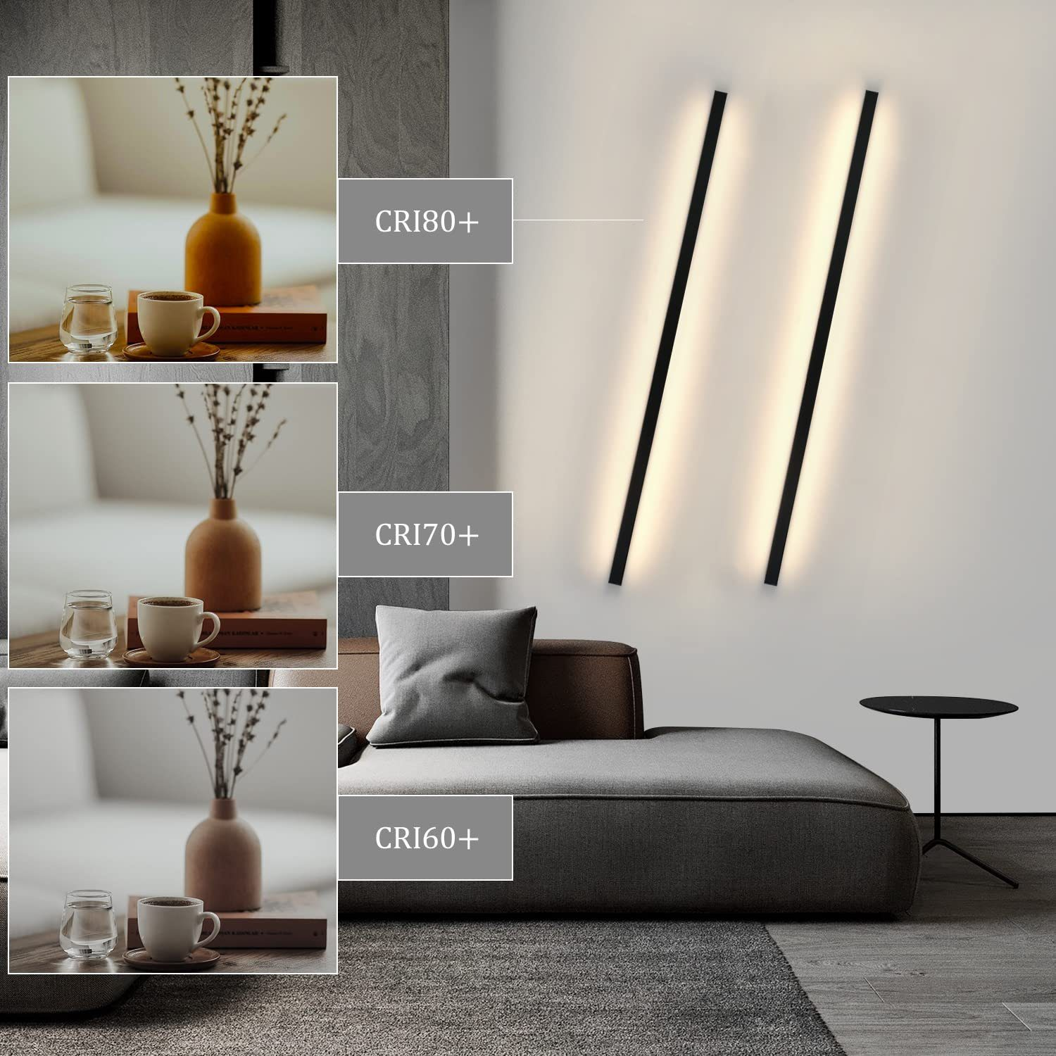 Dwa czarne, pionowe światła LED na białej ścianie. W pobliżu szara sofa, stół i kubki do kawy.