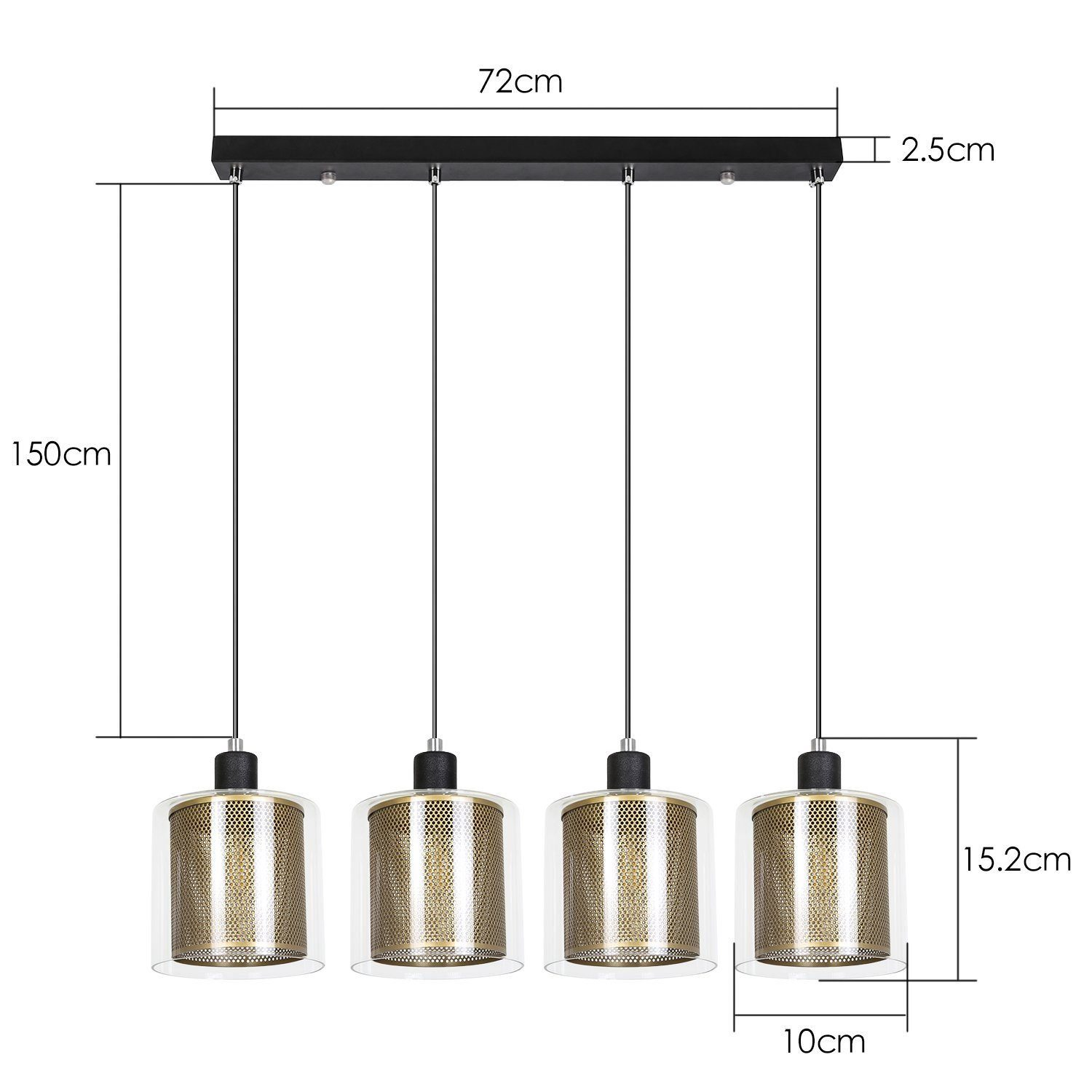 Cztery lampy wiszące o klatkowym designie, z wymiarami.