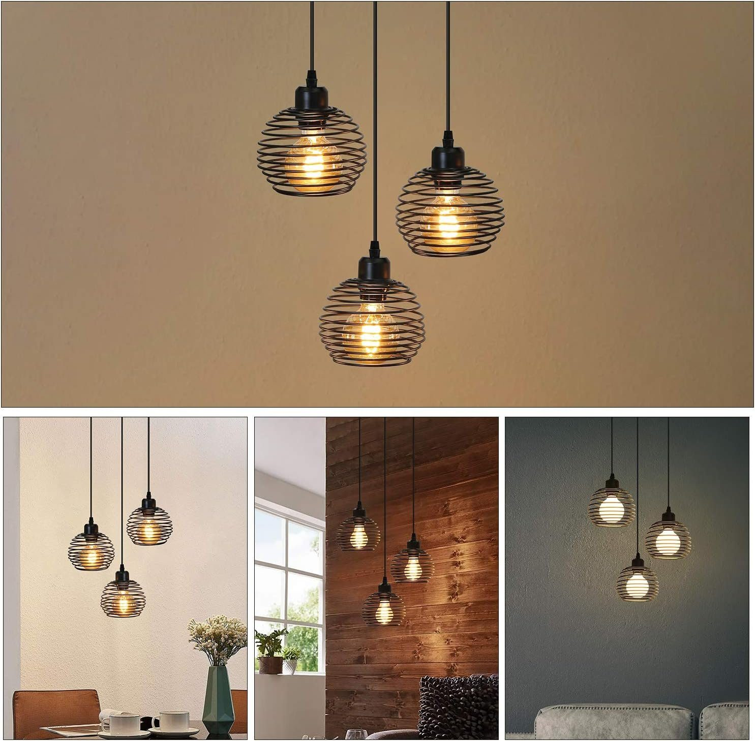 Trzy lampy wiszące z kloszami w kształcie spirali. Różne ustawienia pokazują światła we wnętrzach.