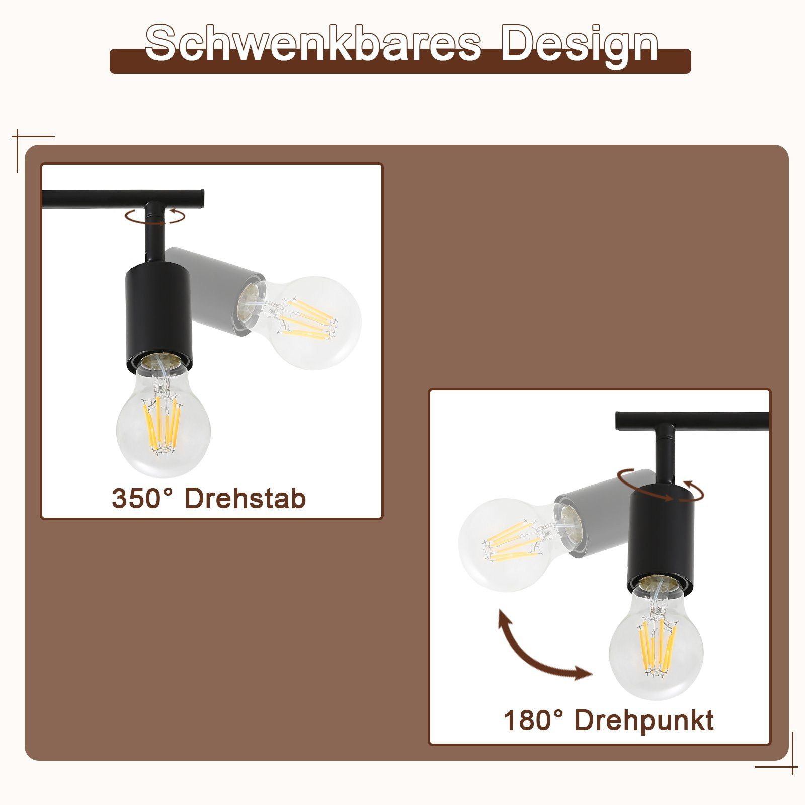 Dwie czarne lampy z widocznymi żarówkami. Jedna obraca się o 350 stopni, a druga o 180 stopni.