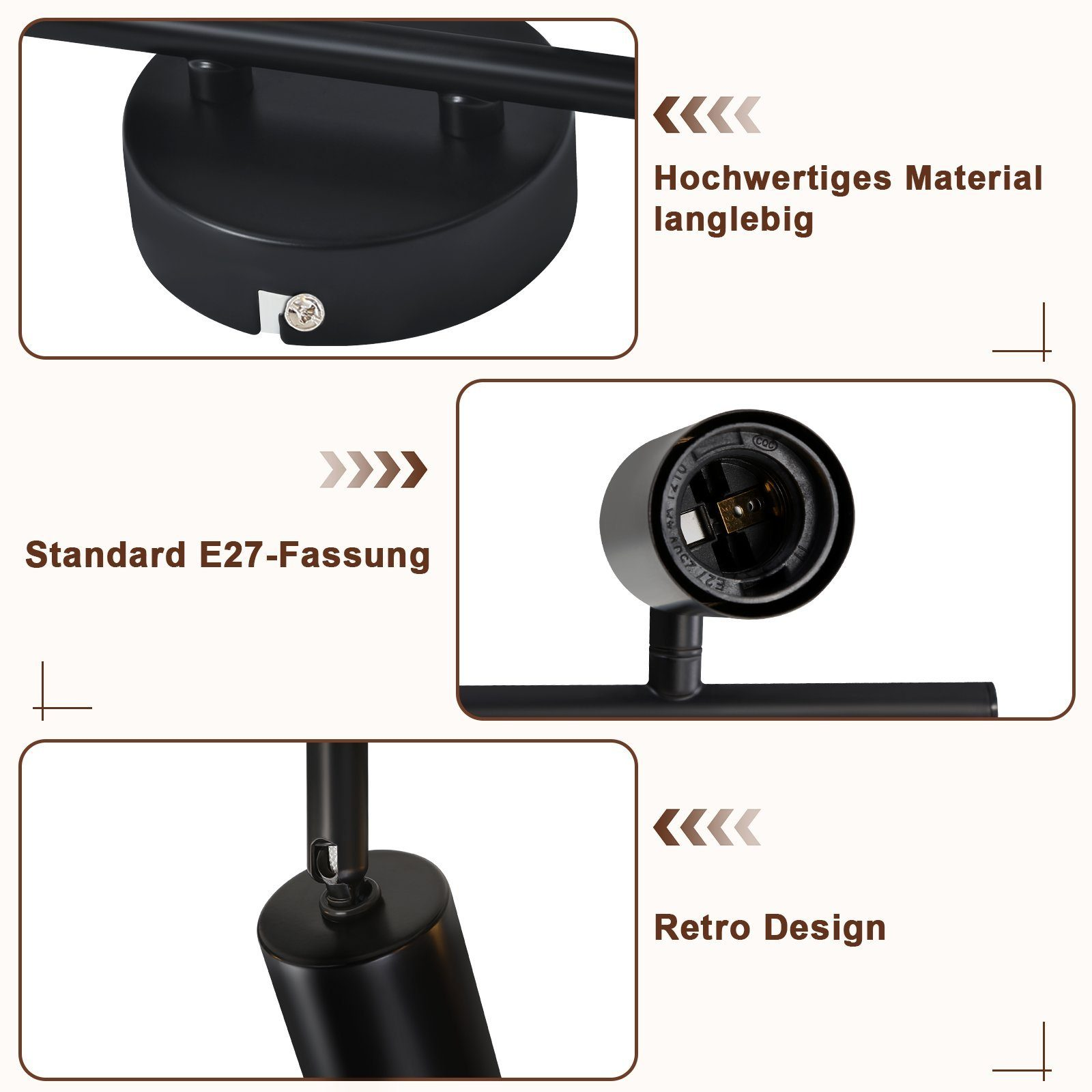Zbliżenia czarnej lampy sufitowej pokazujące montaż, oprawkę żarówki i szczegóły stylu retro.