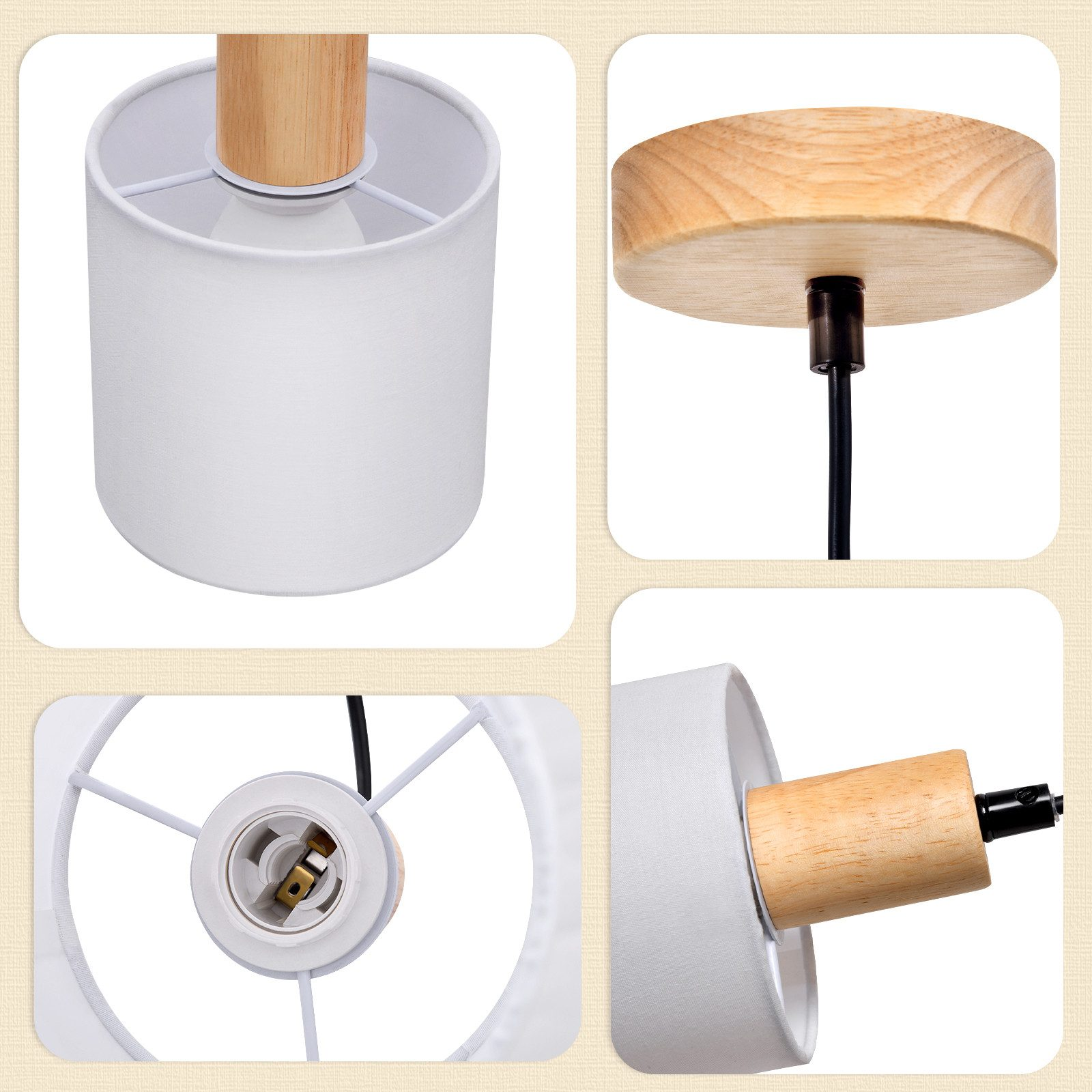 Zbliżenie białego klosza z drewnianą górą. Szczegóły obejmują żarówkę i metalową ramę lampy.