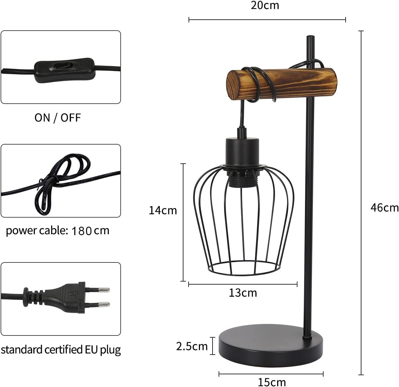 Schemat czarnej metalowej lampy stołowej z drewnianym ramieniem i kloszem z drucianej klatki. Zawiera wymiary.