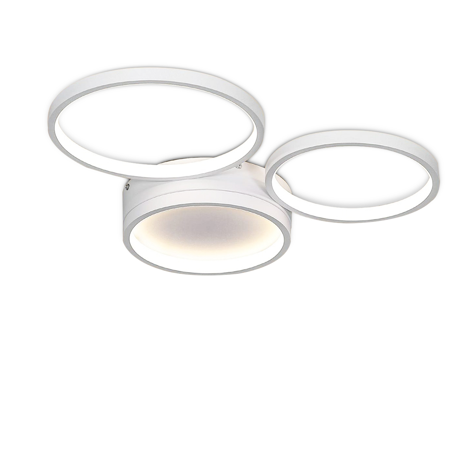 Biała lampa sufitowa z trzema zachodzącymi na siebie elementami w kształcie pierścienia.