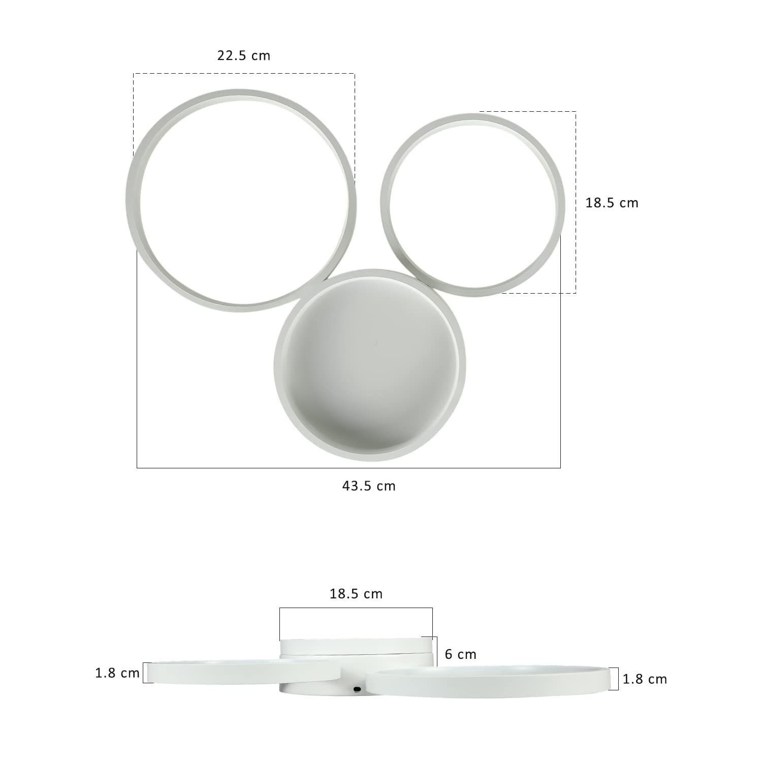 Obraz przedstawia białą oprawę oświetleniową sufitową z wymiarami, prezentując rozmiar produktu.
