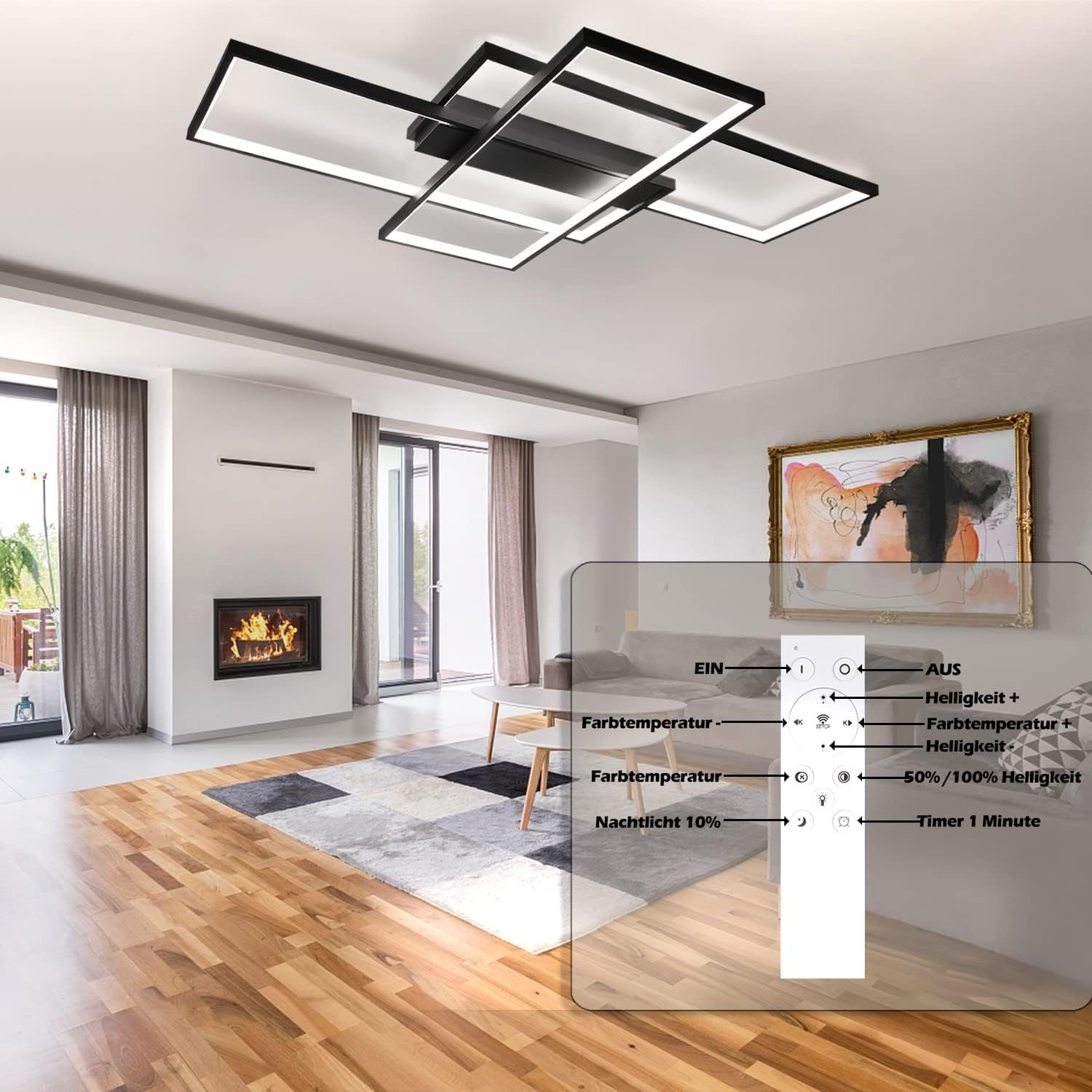 Lampada da soffitto moderna con pannelli rettangolari in un soggiorno luminoso e contemporaneo.