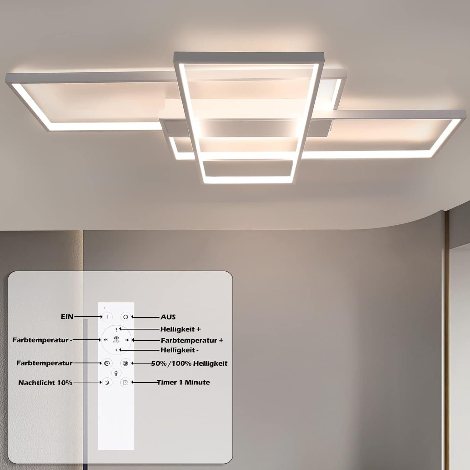 Biała lampa sufitowa z pilotem, zamontowana na suficie. Posiada prostokątne kształty.