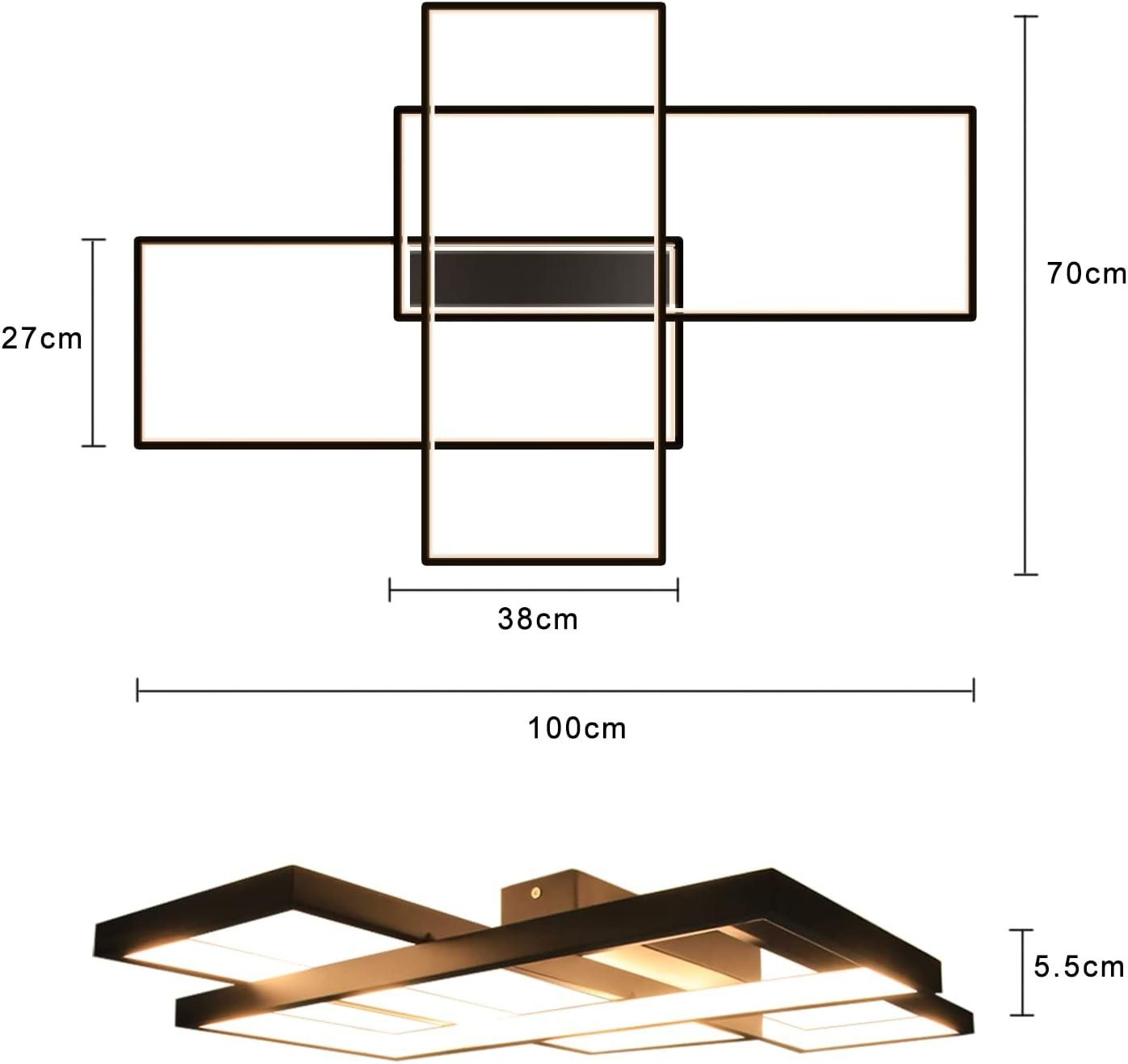 Plafoniera in bianco e nero con dimensioni: 100 cm di lunghezza, 70 cm di larghezza, 5,5 cm di spessore.