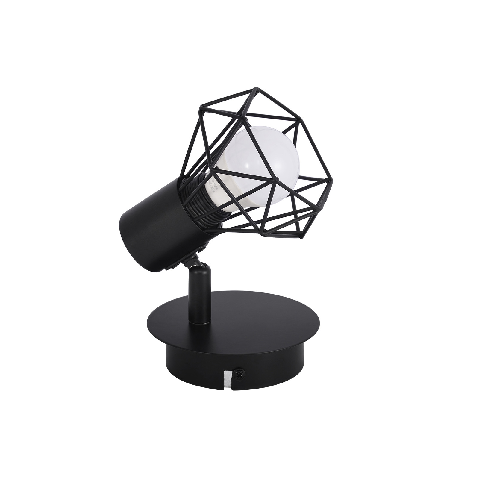 Czarny reflektor z geometrycznym wzorem klatki wokół żarówki.