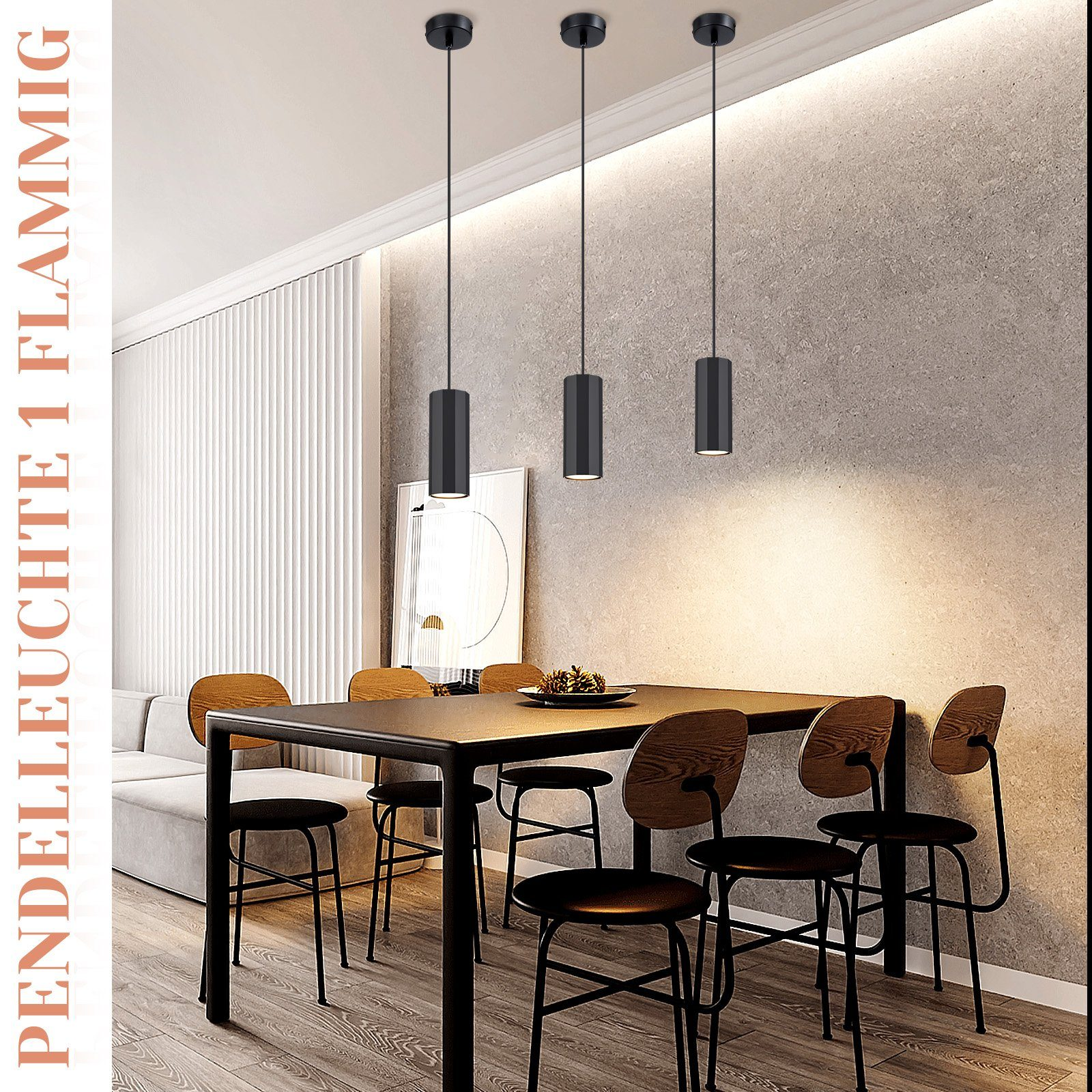 Trzy czarne lampy wiszące nad stołem jadalnym. Scena przedstawia nowoczesne wnętrze z sześcioma krzesłami.