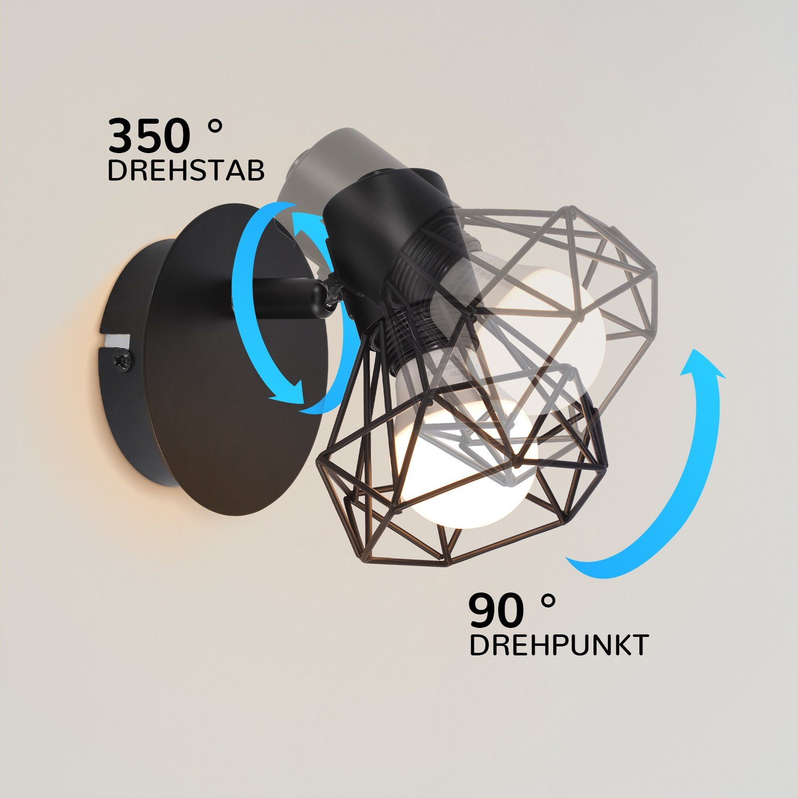 Czarny reflektor naścienny ze strzałkami kierunkowymi wskazującymi ruch o 350° i 90°.