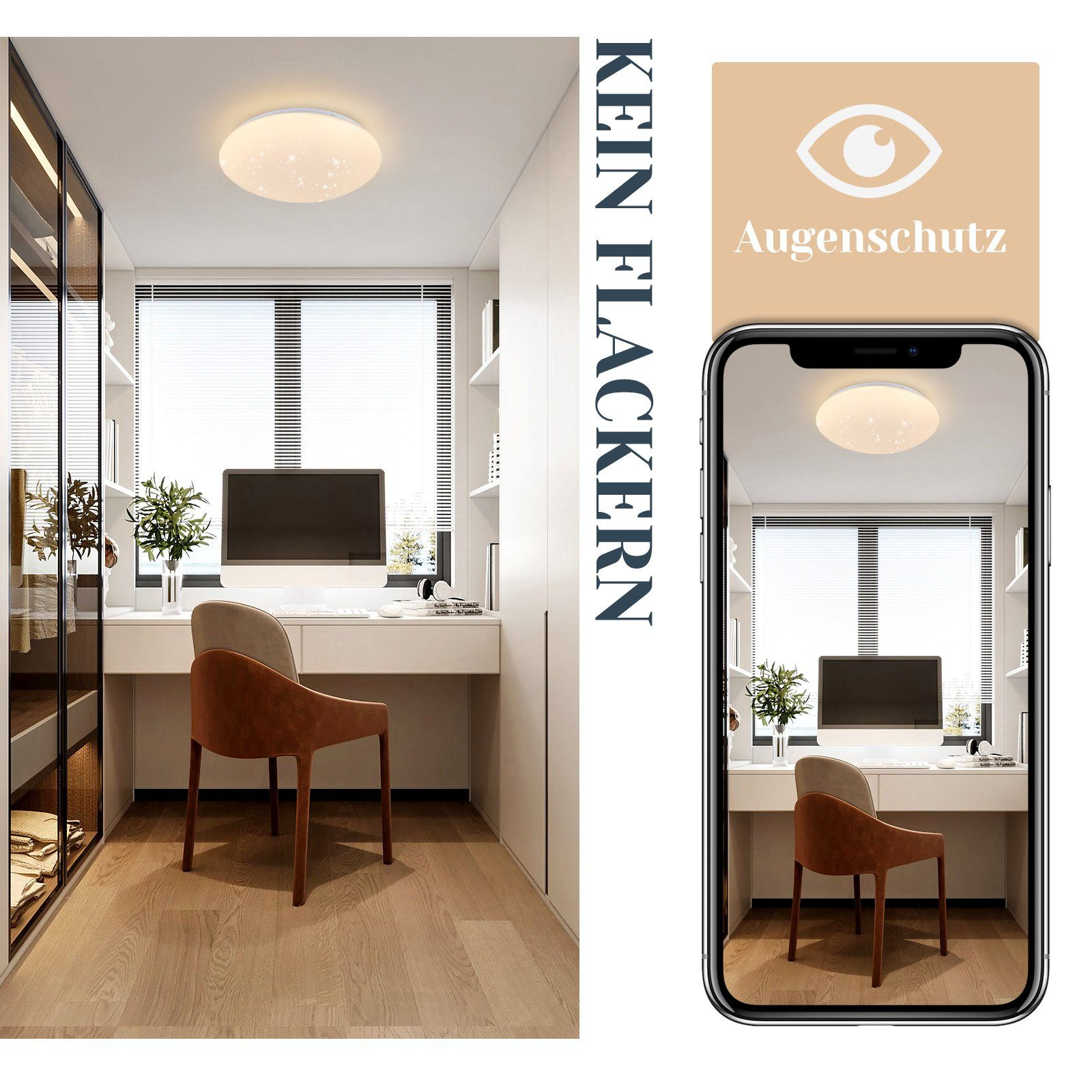 Jasna lampa sufitowa w pokoju. Telefon pokazuje tę samą scenę. Widoczny biurko, krzesło i okno.