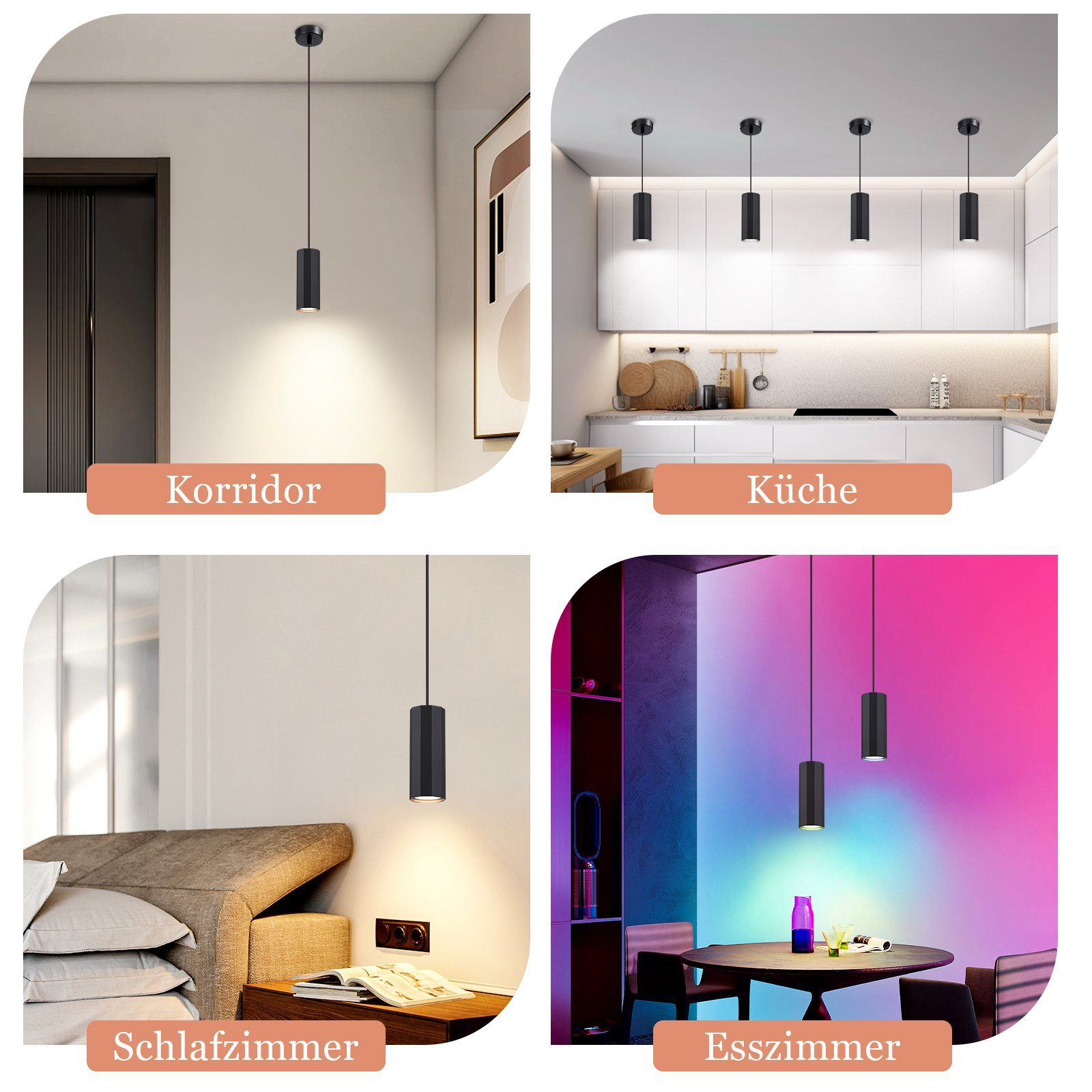 Vier Bilder von schwarzen zylindrischen Lichtern in verschiedenen Räumen: Flur, Küche, Schlafzimmer und Esszimmer.