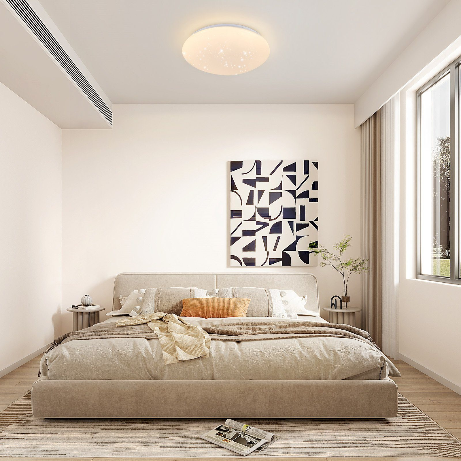Un dormitorio con cama, arte y una moderna lámpara de techo.