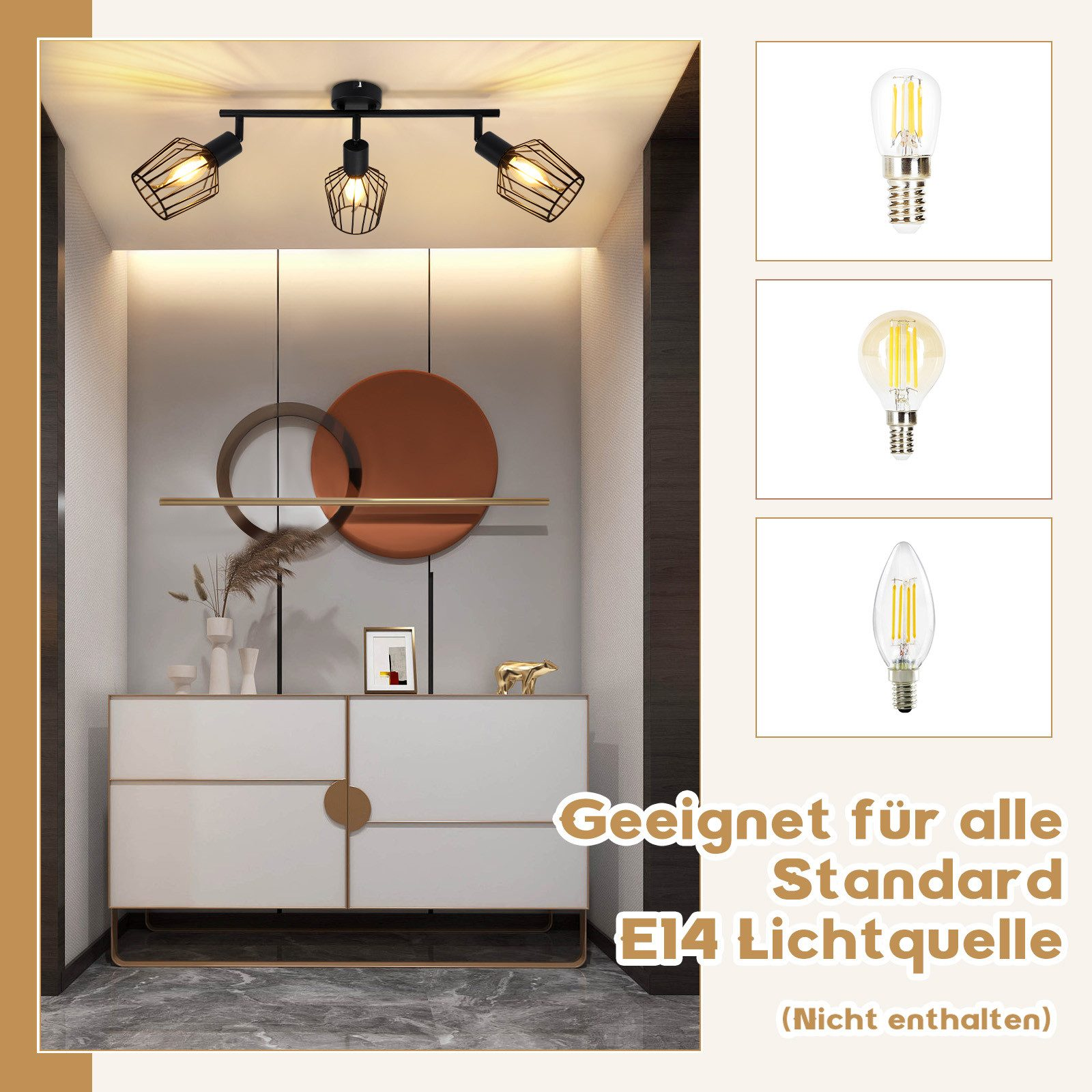 Luci con tre opzioni di lampadine e interni decorativi con mobile moderno e arte.