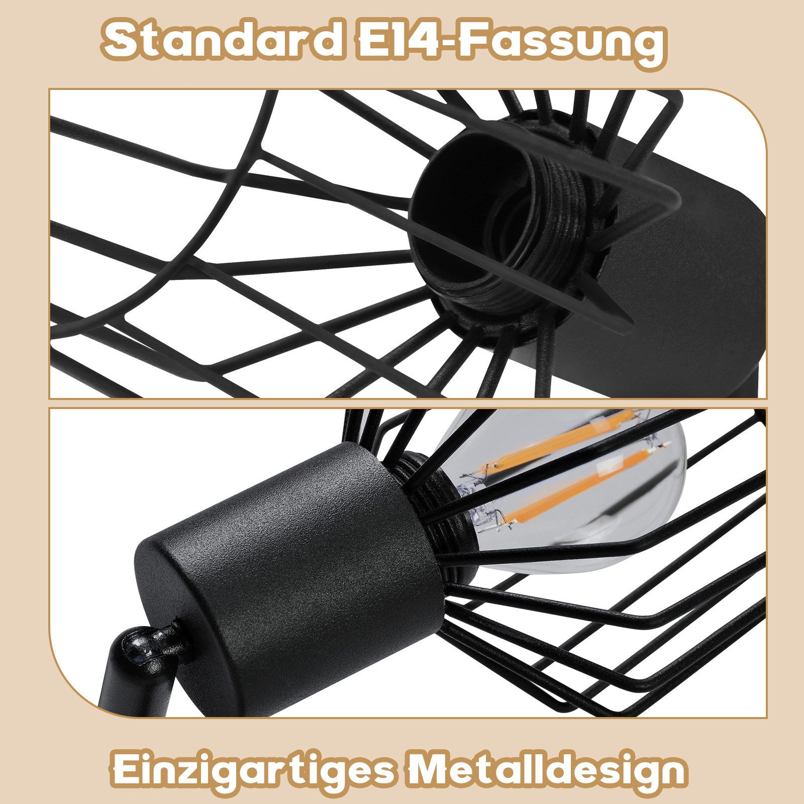 Primo piano di una lampada a gabbia in filo metallico nero con una lampadina Edison. Il testo recita 'Design in metallo unico'.