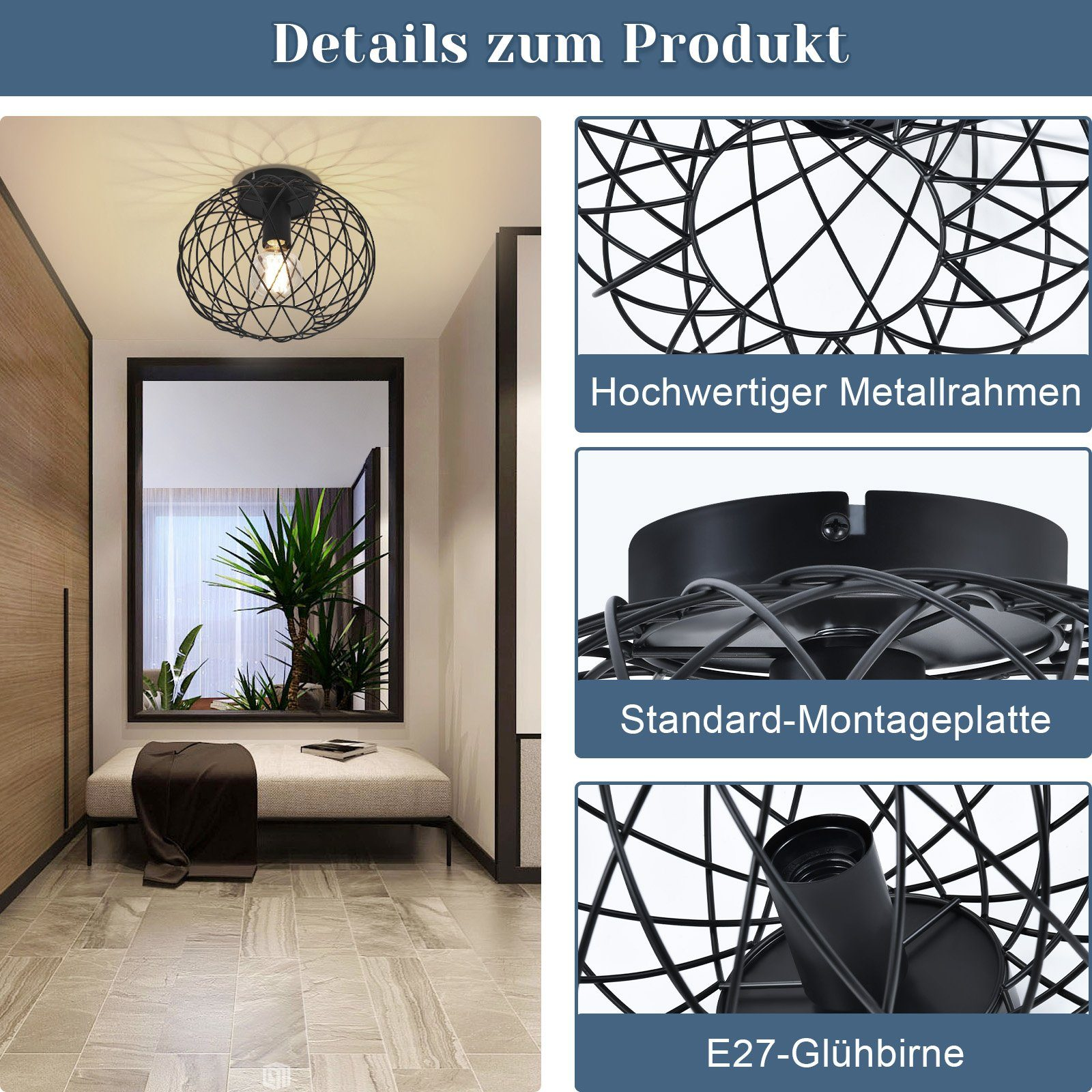 Czarna metalowa lampa w klatce wisi. Zbliżenia ramy, płyty montażowej i żarówki E27.