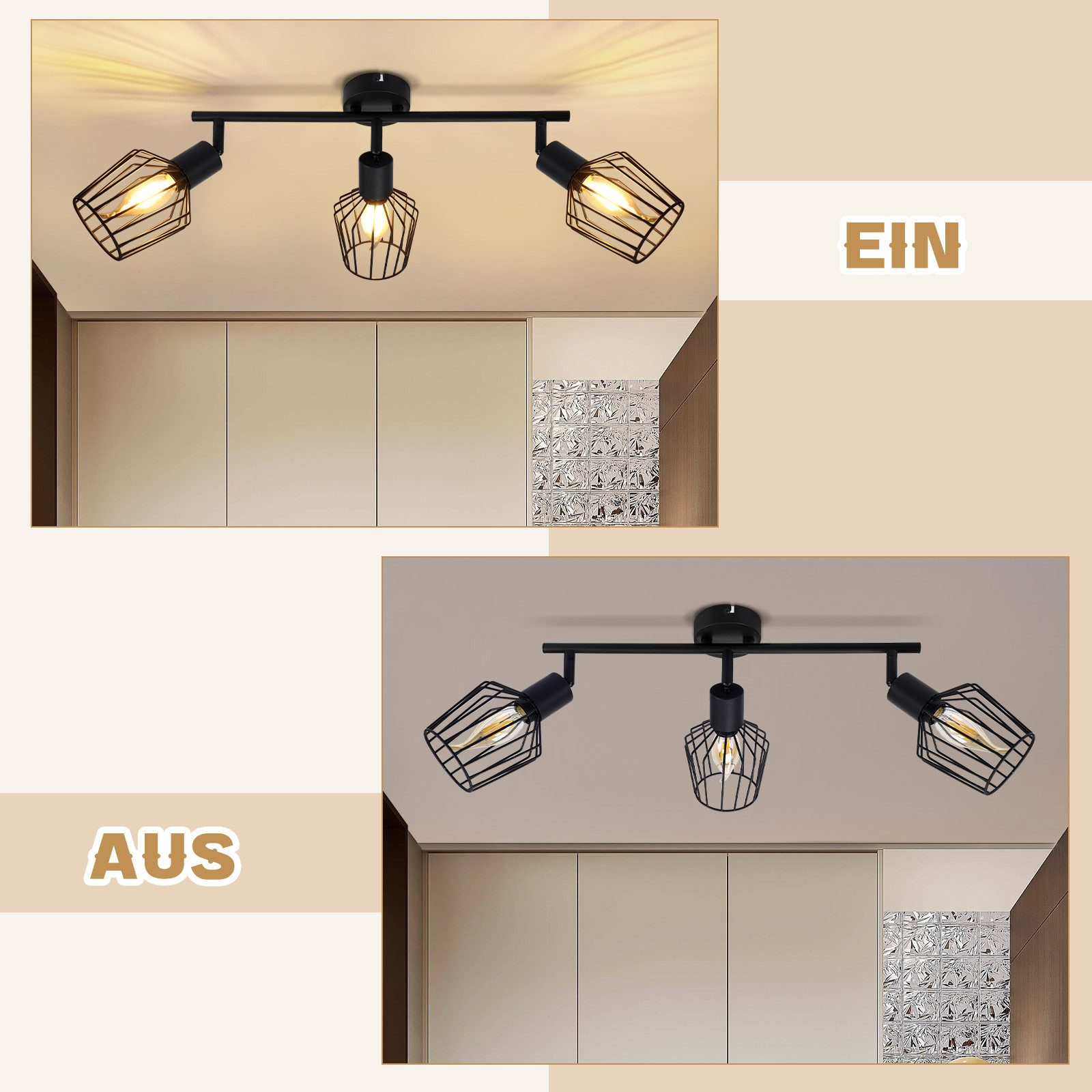 Due plafoniere, una accesa e una spenta. Ognuna ha tre lampade a gabbia. Le luci sono su un soffitto bianco.
