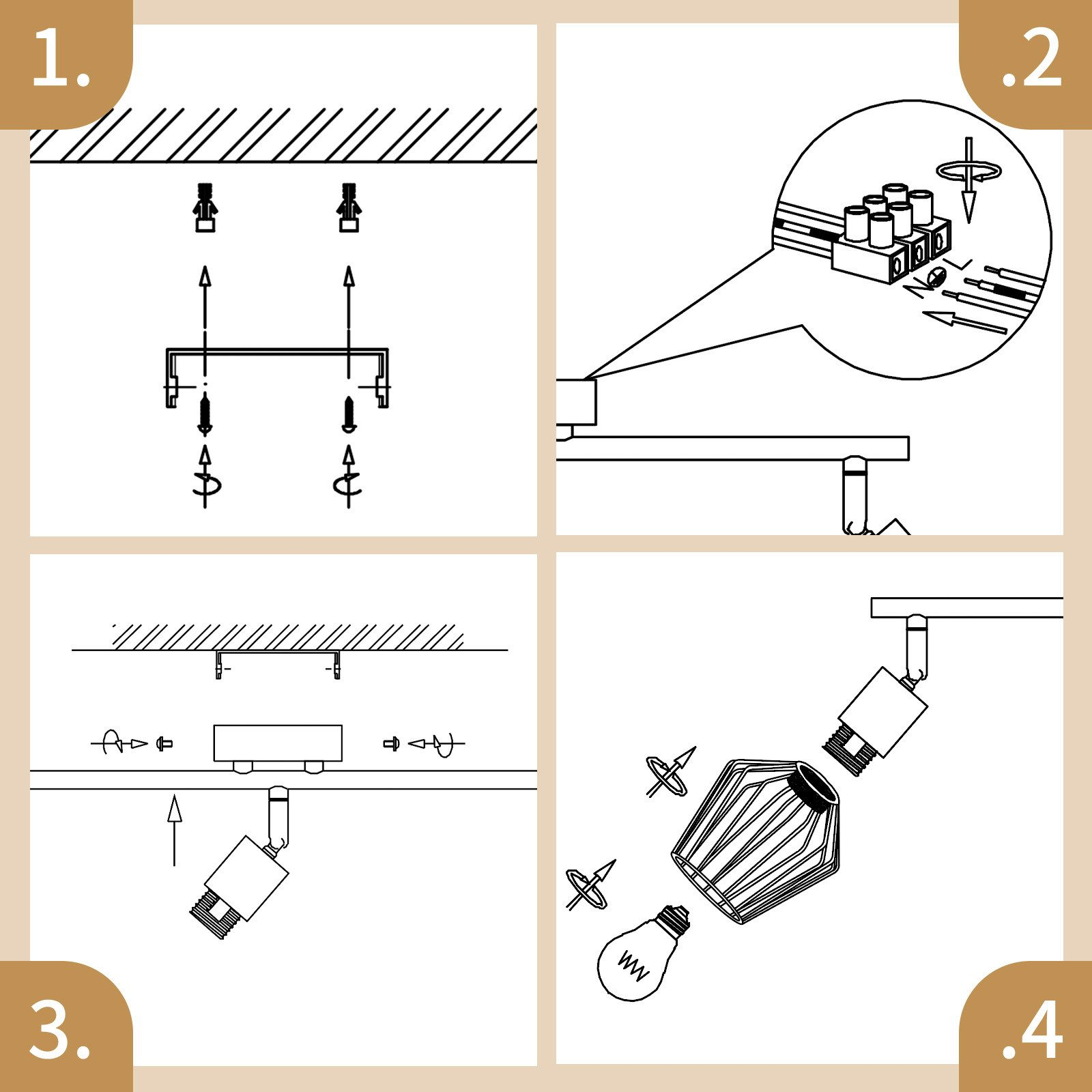 Quattro immagini che mostrano come installare un apparecchio di illuminazione a soffitto. I passaggi prevedono il montaggio e il cablaggio dell'apparecchio.