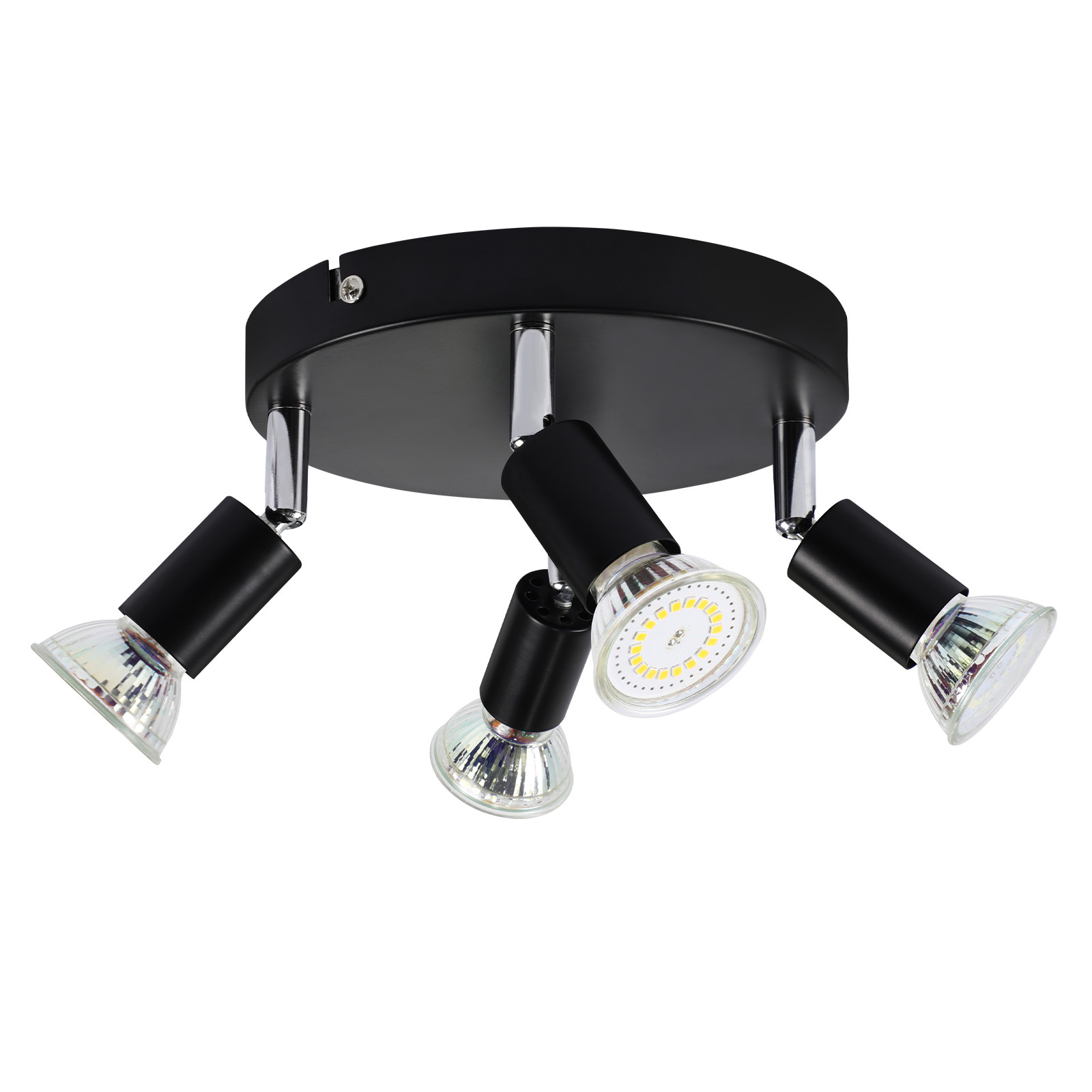 Czarny reflektor sufitowy z czterema regulowanymi lampami. Żarówki są widoczne.
