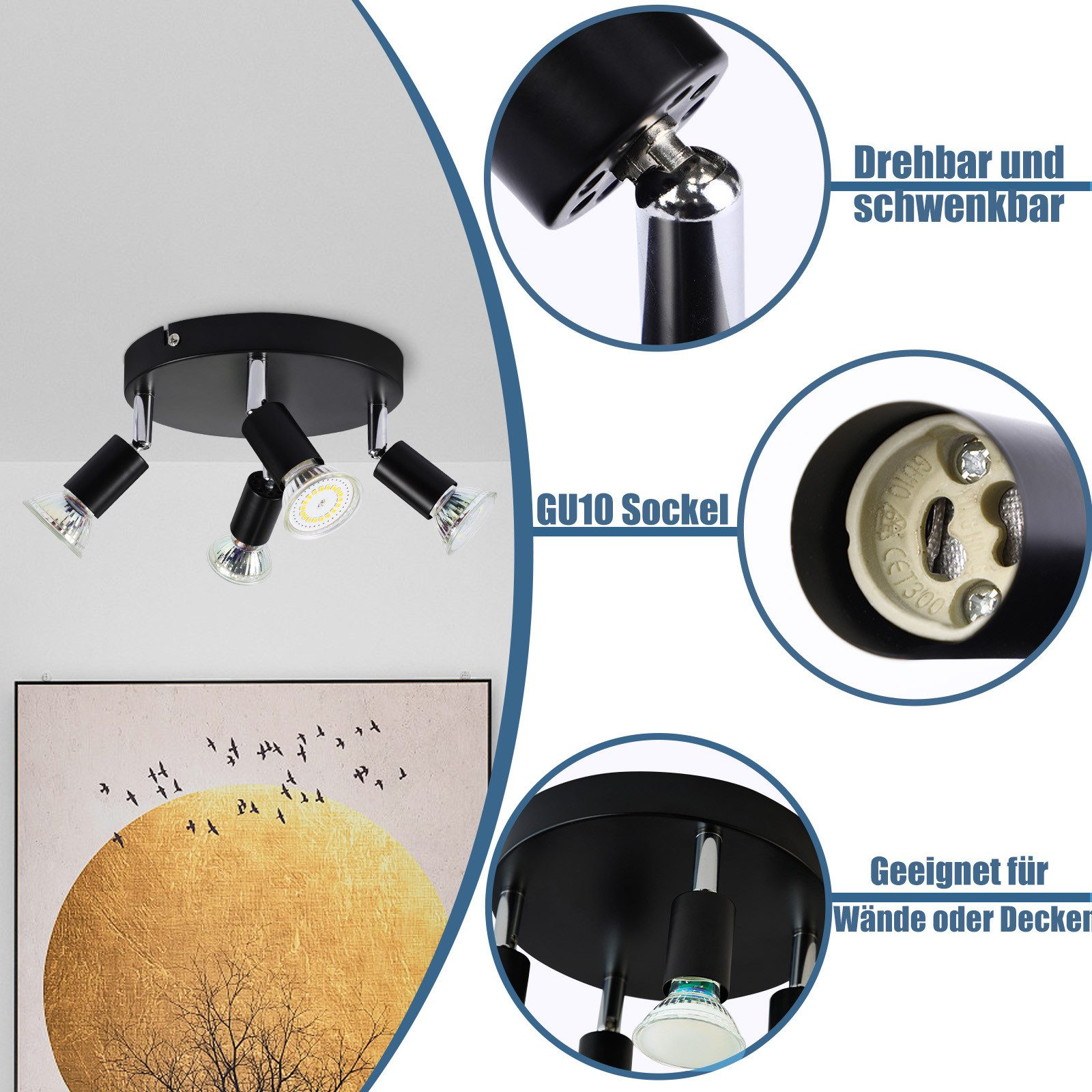 Czarny reflektor sufitowy z trzema regulowanymi światłami, obrazem i gniazdem GU10. Tekst brzmi 'Drehbar und schwenkbar'.