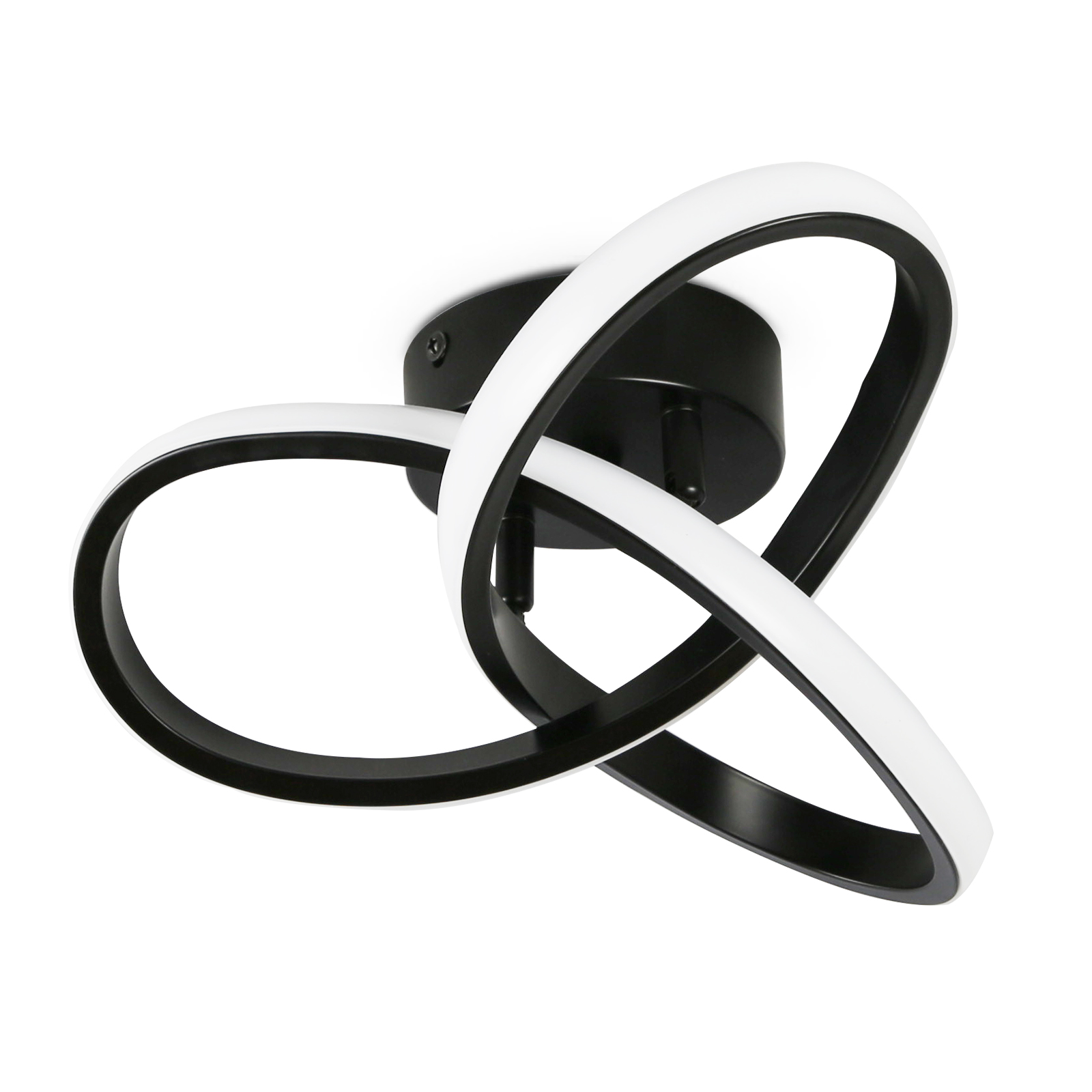 Czarna i biała oprawa oświetleniowa sufitowa z pętlą. Ma okrągłą podstawę i jest na białym tle.