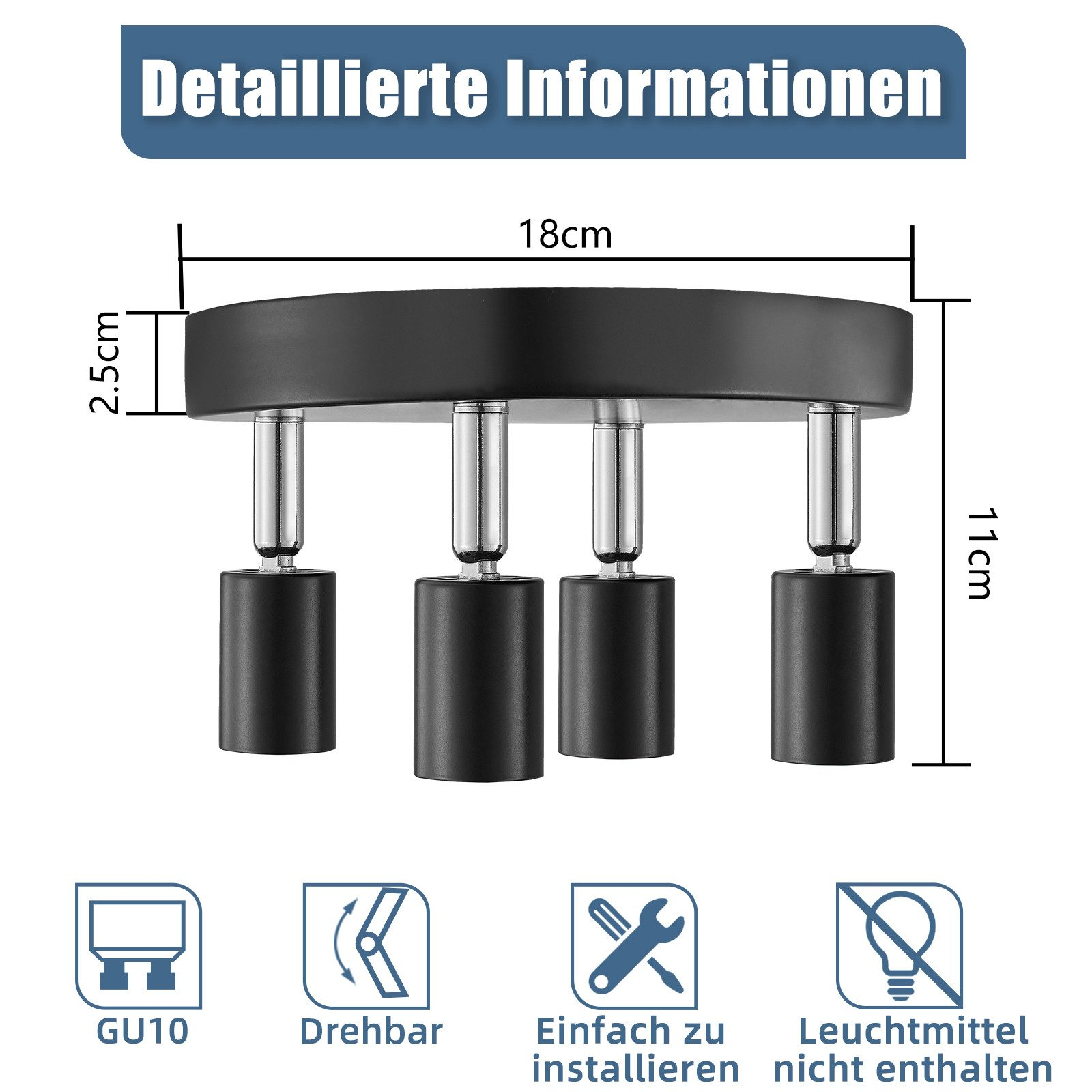 Schemat czarnego reflektora z wymiarami, specyfikacjami i ikonami funkcji.