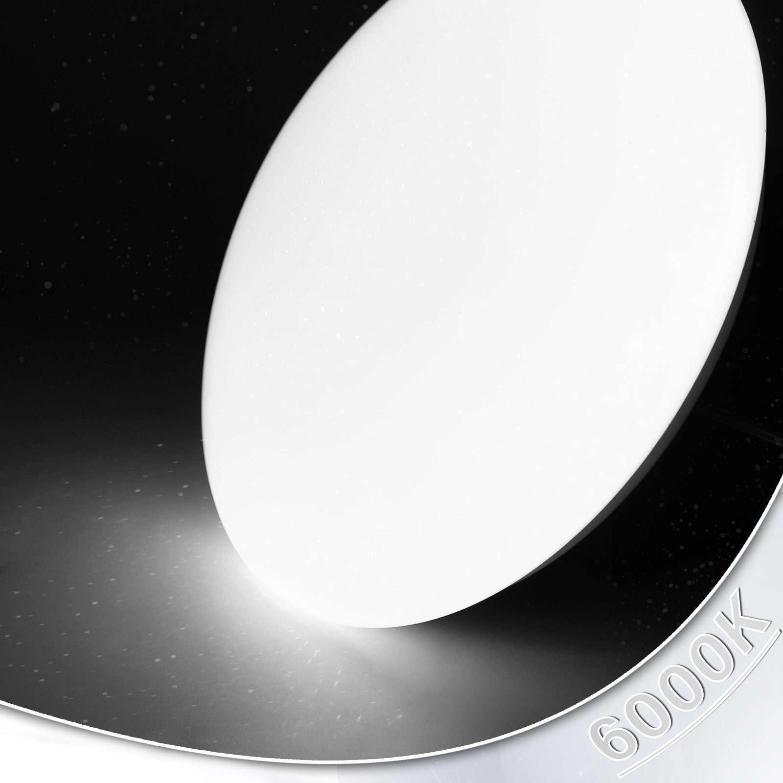 Białe, okrągłe światło LED emitujące jasną poświatę. Tło jest czarne z oznaczeniem '6000K' z boku.