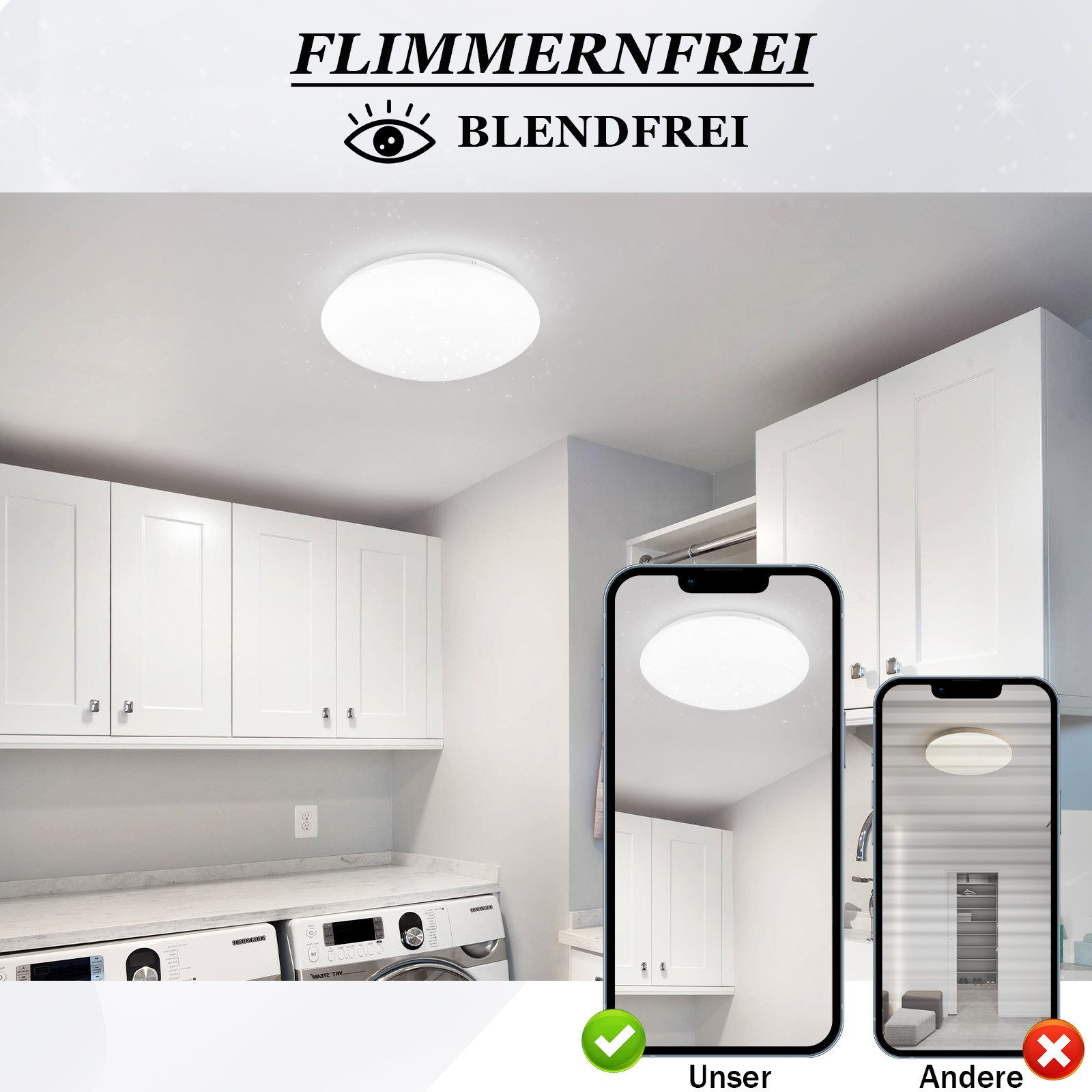 Pokazano białe światło sufitowe z telefonem pokazującym migotanie światła. Czysta pralnia.