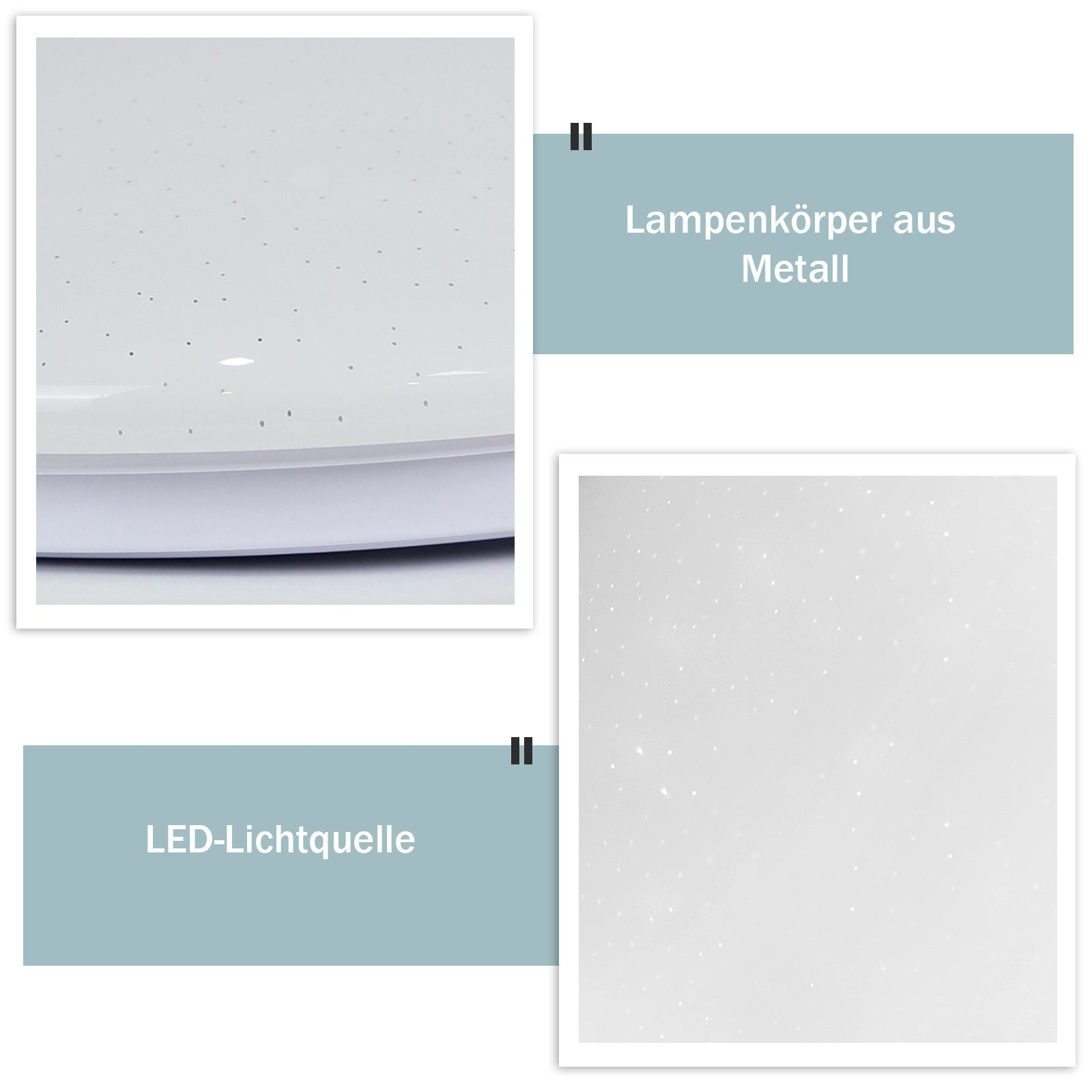 Zbliżenie białej lampy sufitowej z małymi otworami i białą ramą. Tekst mówi 'Korpus lampy wykonany z metalu' i 'Źródło światła LED'.