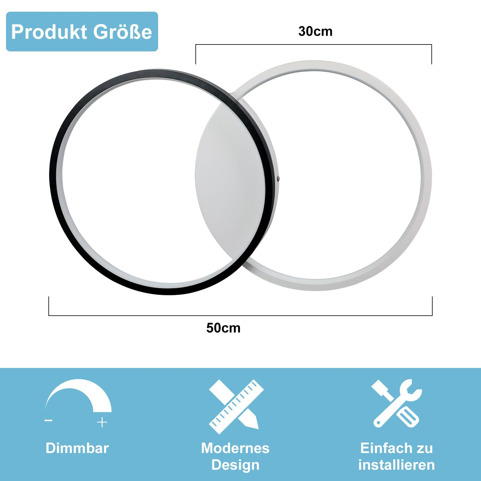 Dwie okrągłe lampy, jedna czarna i jedna biała, z wymiarami i ikonami dla ściemniania i nowoczesnego designu.