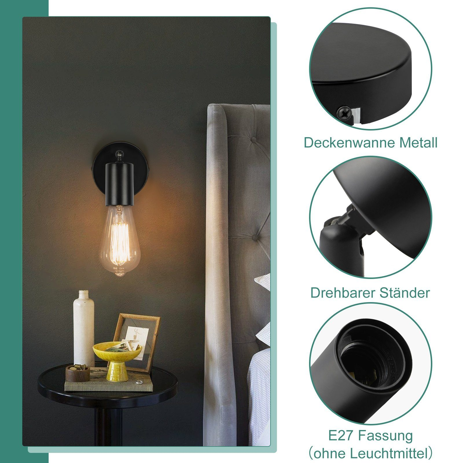 Czarna lampa ścienna z żarówką Edisona. Pokazano części lampy, w tym podstawę i gniazdo.