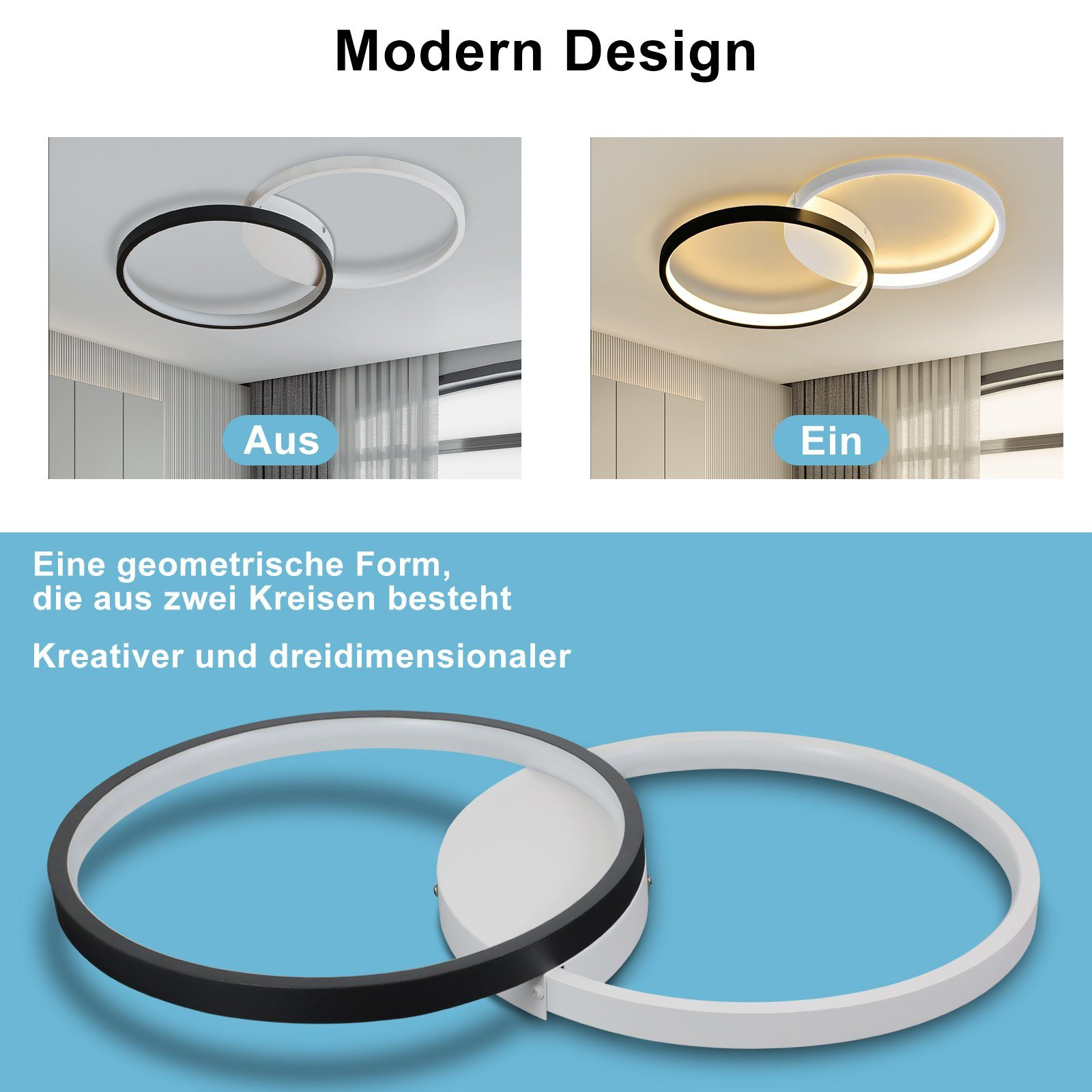 Zwei Bilder einer Deckenlampe. Eine ist schwarz-weiß, die andere weiß. Die Lampe hat ein rundes Design.