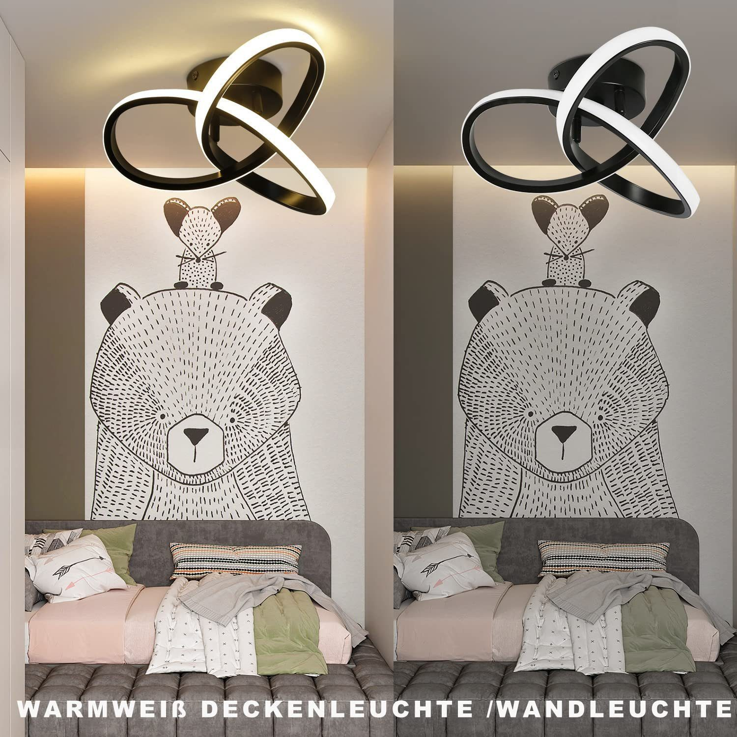 Dwie sceny sypialni. Każda ma łóżko, grafikę z misiem i czarno-białą lampę sufitową.