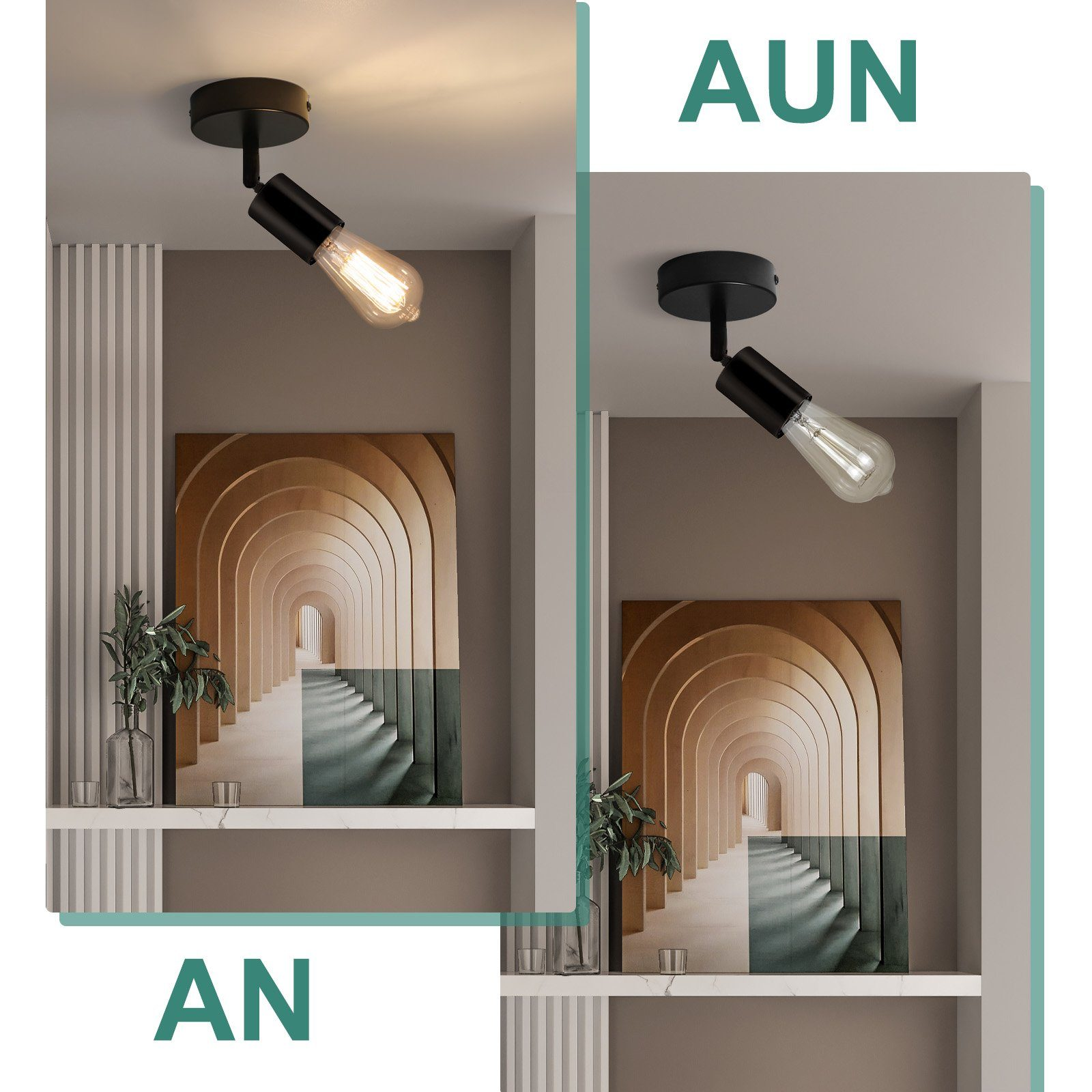 Dwa zdjęcia wnętrza. Każde z nich przedstawia czarny reflektor, obraz i półkę ze świecami.