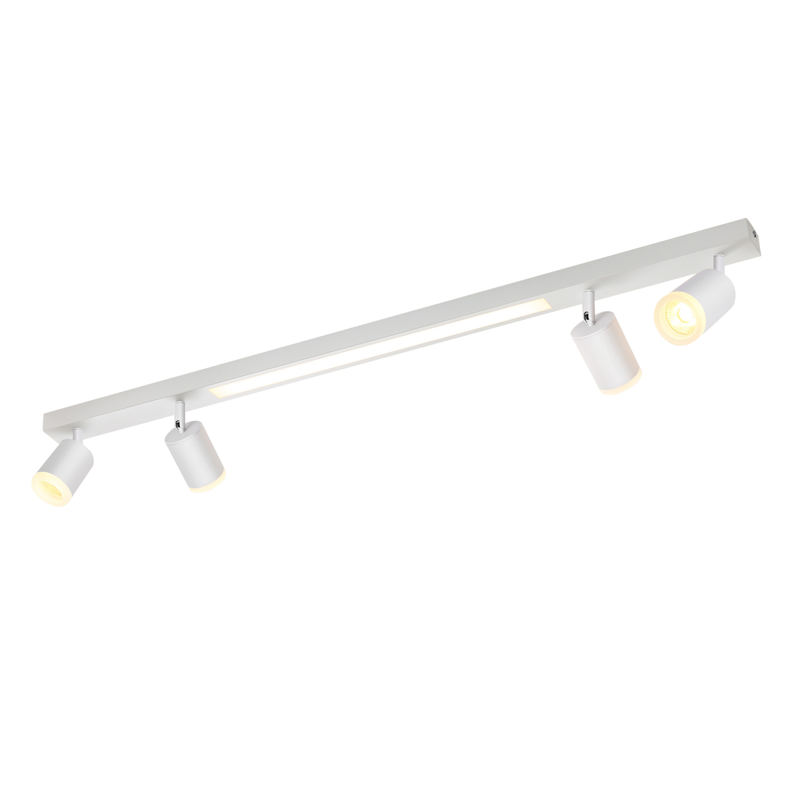 Białe oświetlenie szynowe z czterema regulowanymi reflektorami. Białe tło.