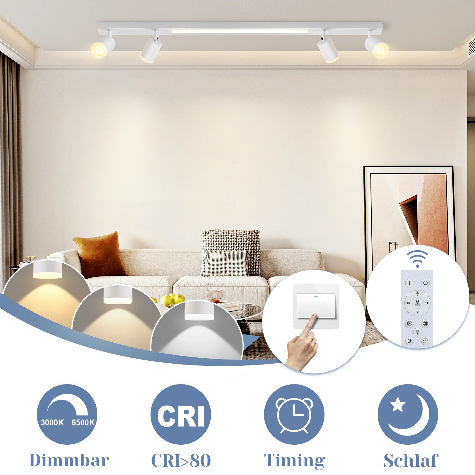 Białe reflektory sufitowe. Pokazano kilka trybów oświetlenia. Biała ściana i sofa.