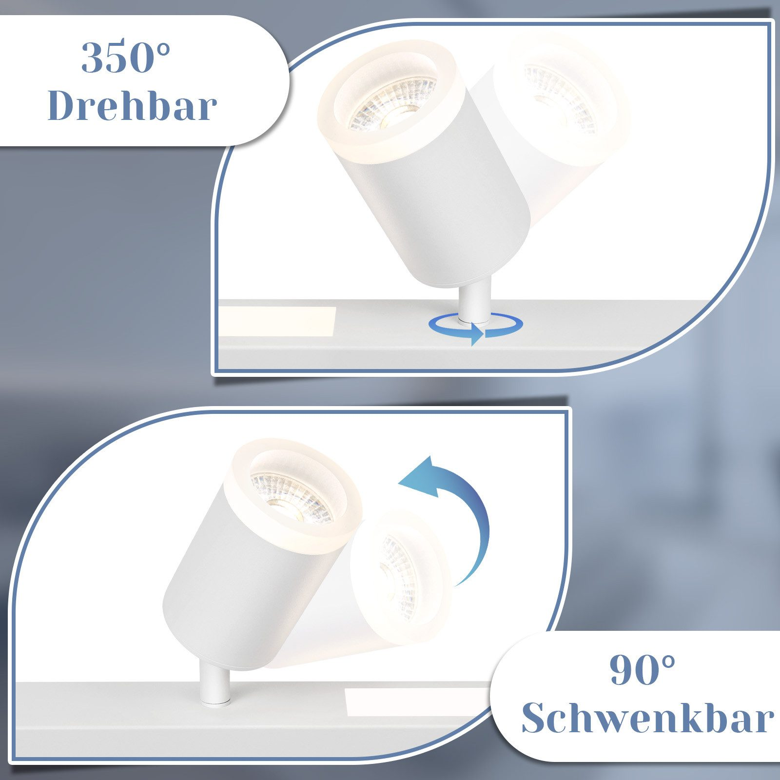 Dwa białe reflektory na szynie. Tekst wskazuje obrót o 350° i możliwość obrotu o 90°.