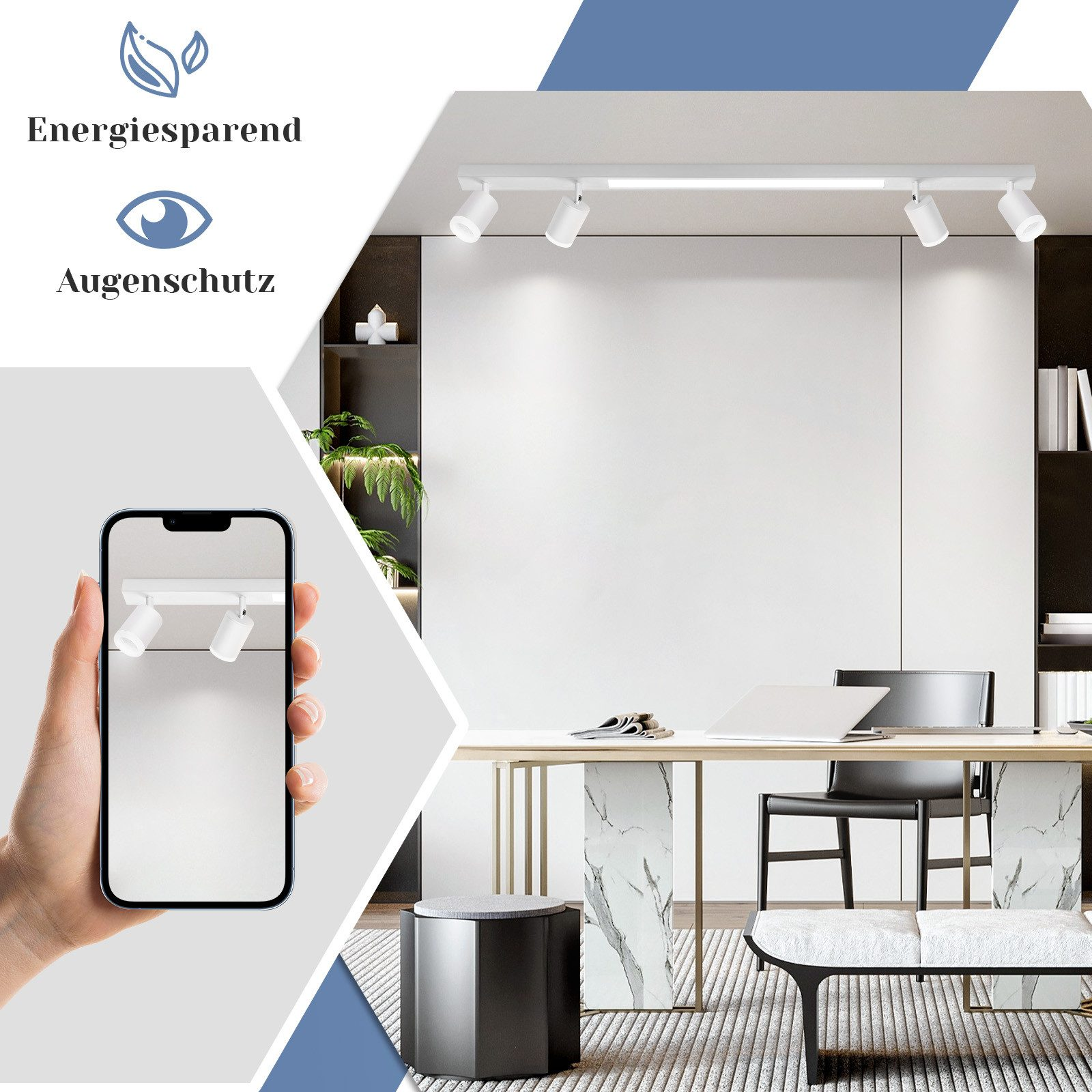 Nowoczesne biuro z systemem oświetlenia szynowego i telefonem wyświetlającym podobną lampę.