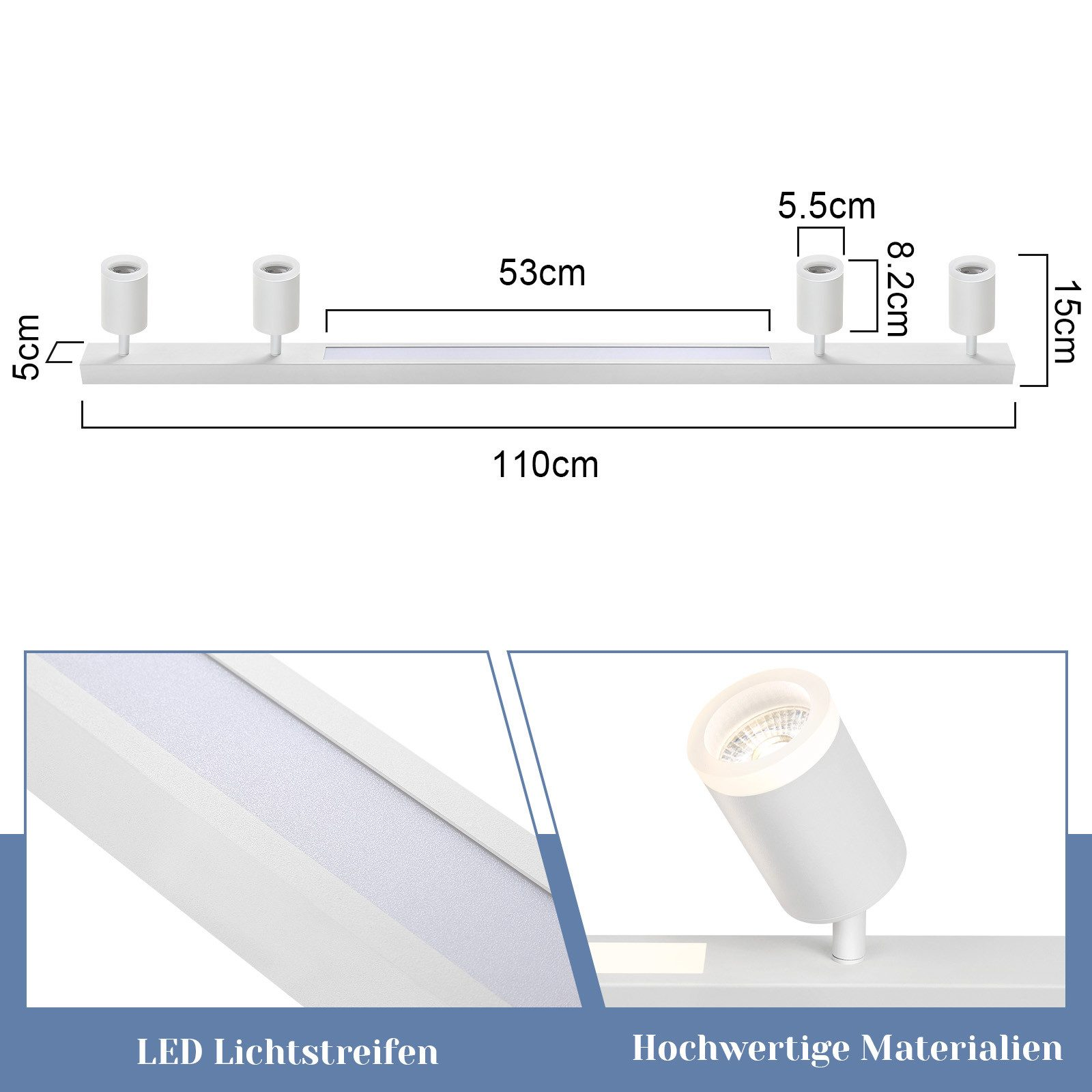 Biała oprawa LED z oznaczonymi wymiarami i szczegółami pasków LED oraz materiałów.