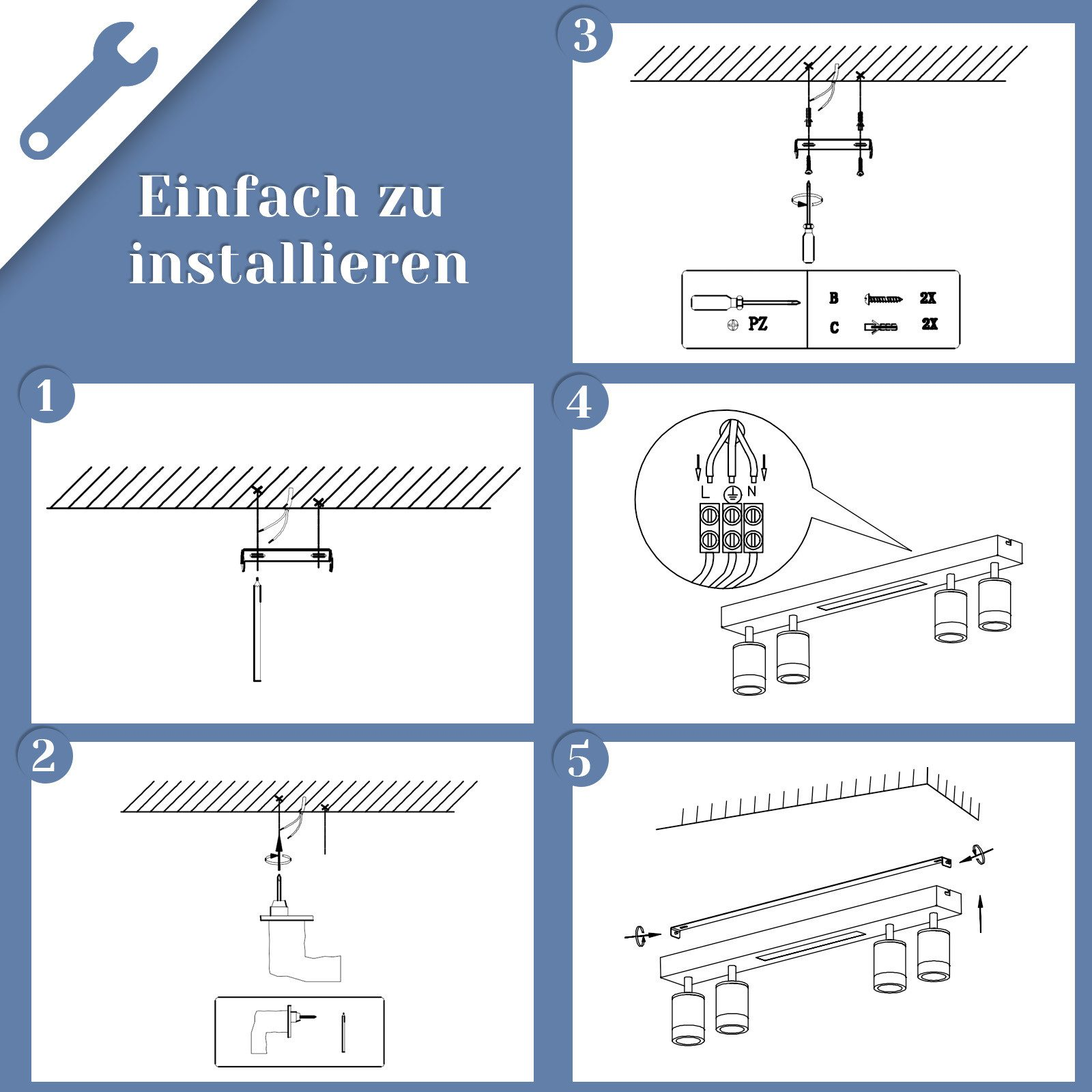 Schemat pokazuje kroki instalacji lampy sufitowej. Zawiera śruby i oprawę oświetleniową.