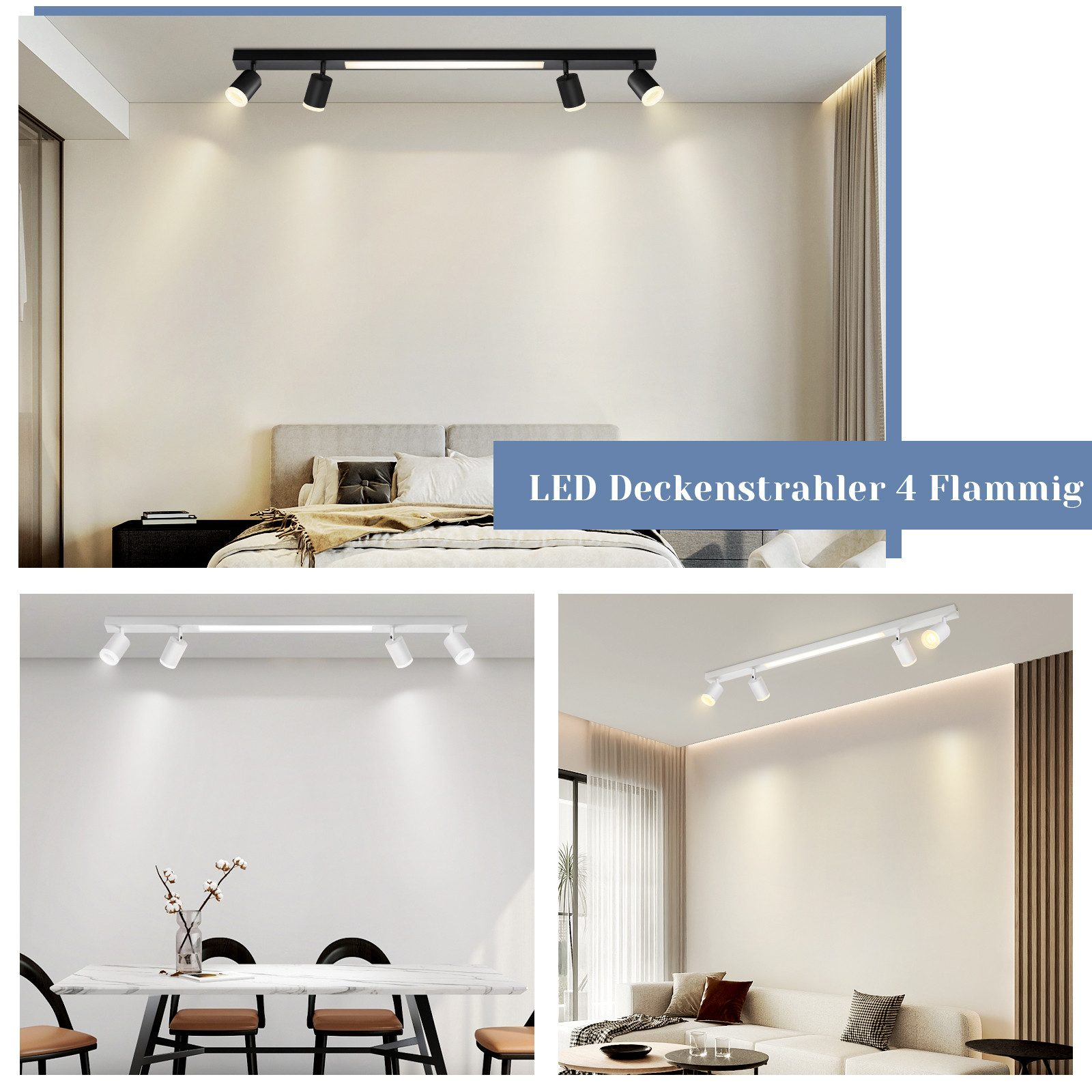 Diverse viste di lampade da soffitto nere con faretti.
