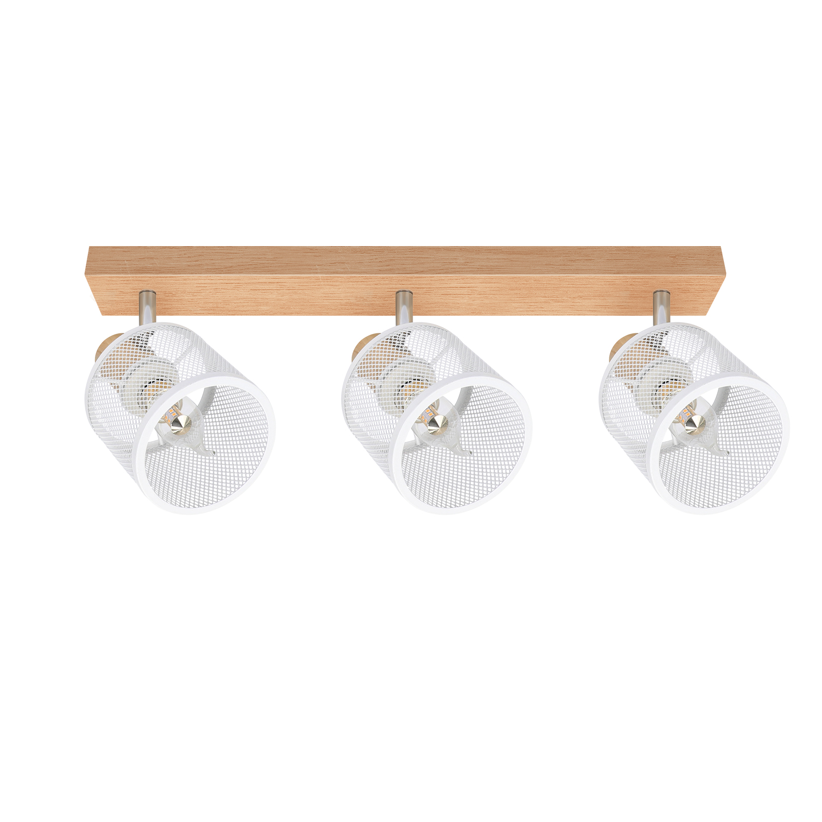 Trzy białe reflektory z siatkowym wzorem i drewnianą podstawą belki, odizolowane na białym tle.