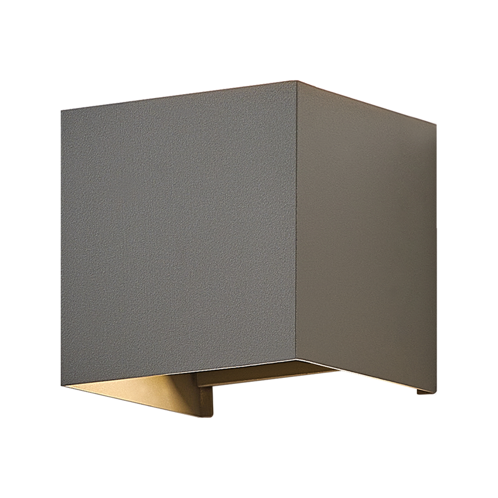 Szara zewnętrzna lampa ścienna w kształcie kostki ze światłem skierowanym w dół.