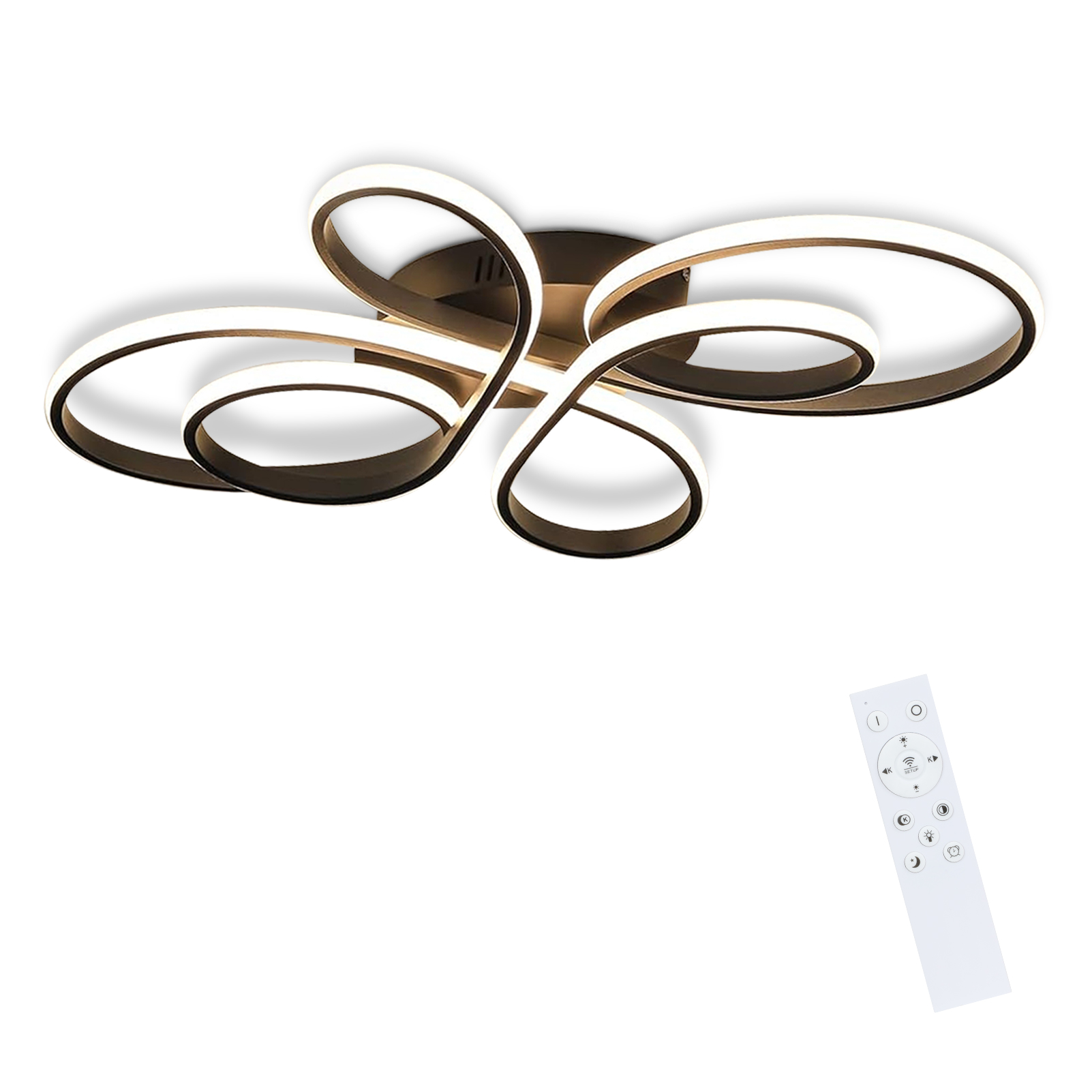 Lampa sufitowa z pętlą i pilotem na białym tle.