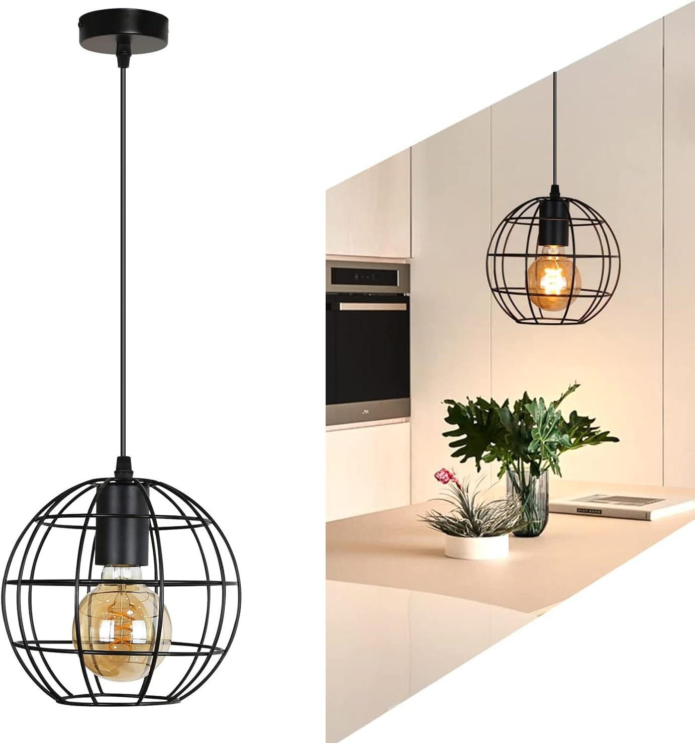 Dwie wiszące, kuliste lampy w stylu klatki. Jedna po lewej, druga po prawej.
