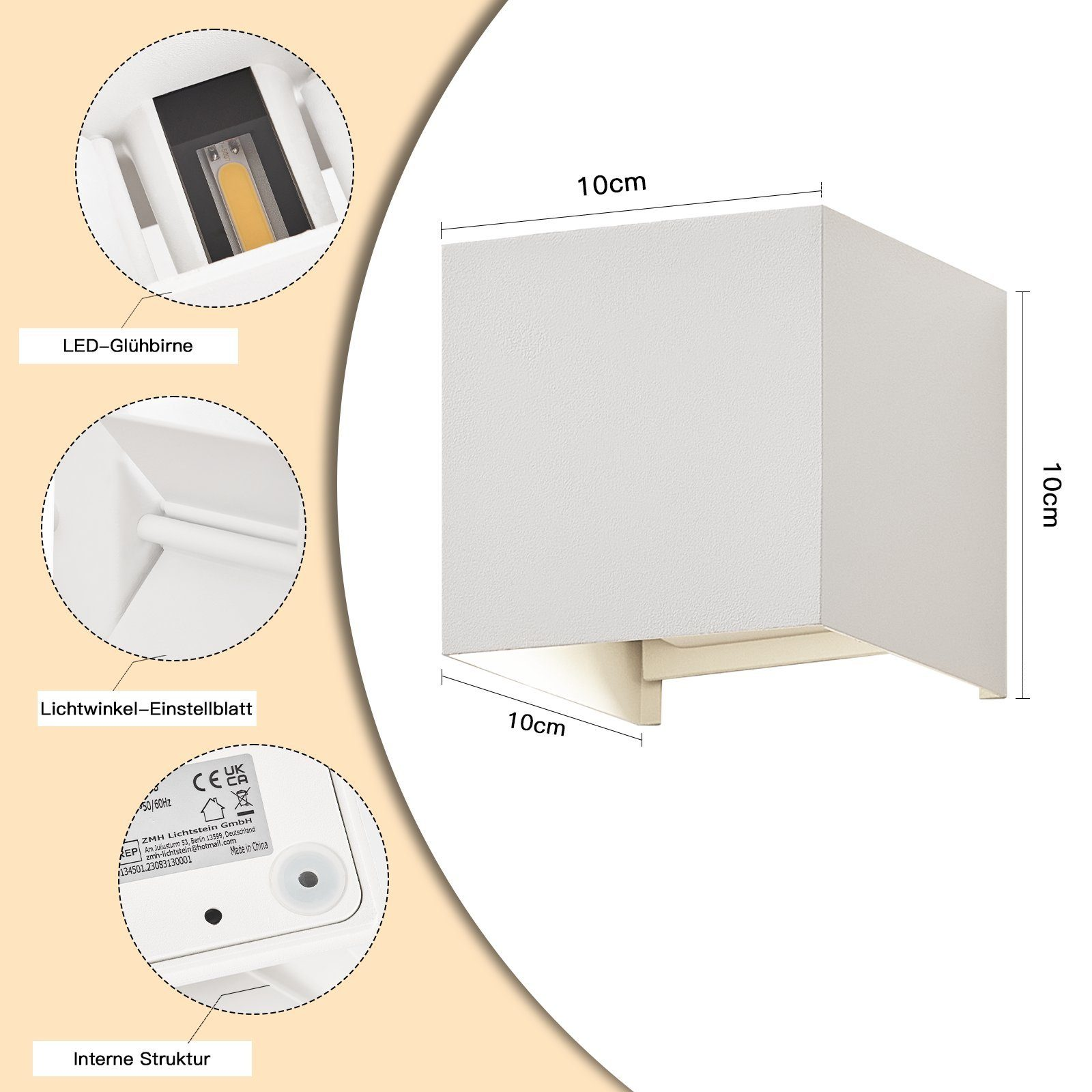 Biała kwadratowa lampa ścienna. Ma wymiary 10 cm x 10 cm x 10 cm. Pokazano szczegóły dotyczące struktury.