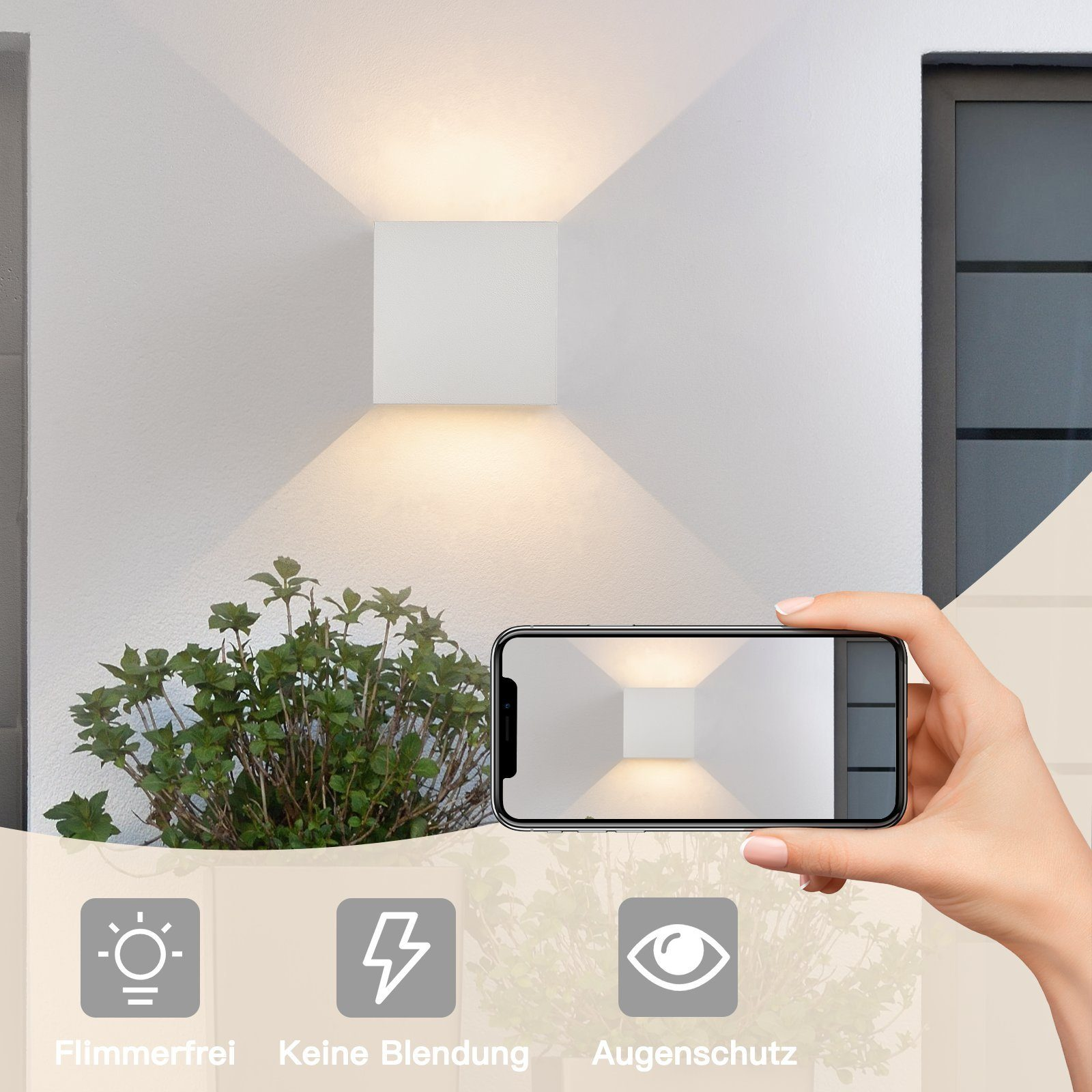 Białe kwadratowe lampy ścienne. Dłoń trzyma telefon, pokazując światła. Ikony pokazują: bez migotania, bez odblasków i ochronę oczu.