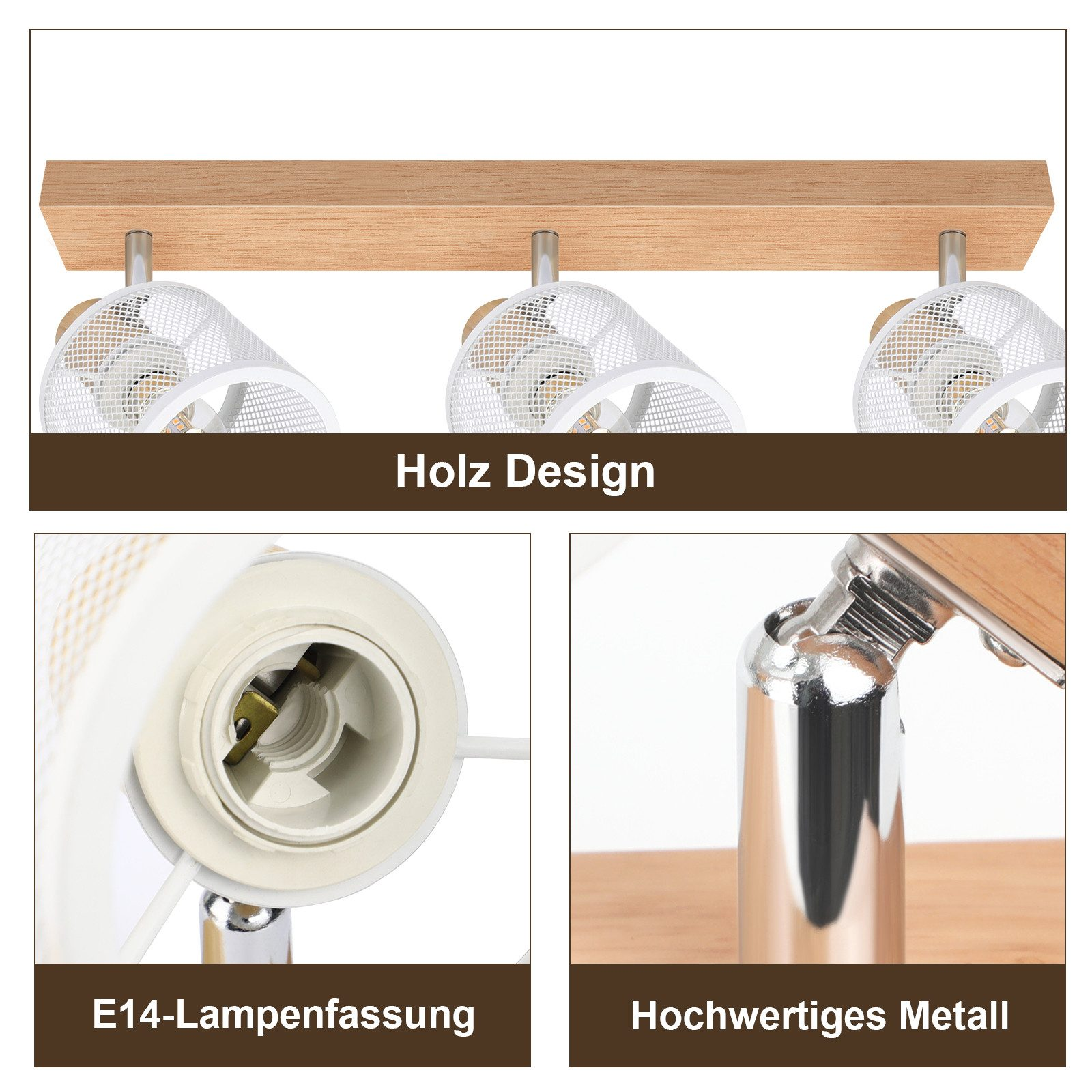 Trzy drewniane lampy z białymi kloszami pokrytymi siatką. Szczegóły na podstawie lampy i częściach metalowych.