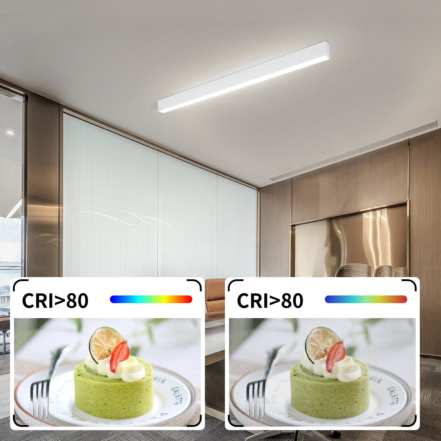 Dwa obrazy pokazujące wpływ różnych świateł na żywność. Tekst wskazuje, że CRI jest większe niż 80.